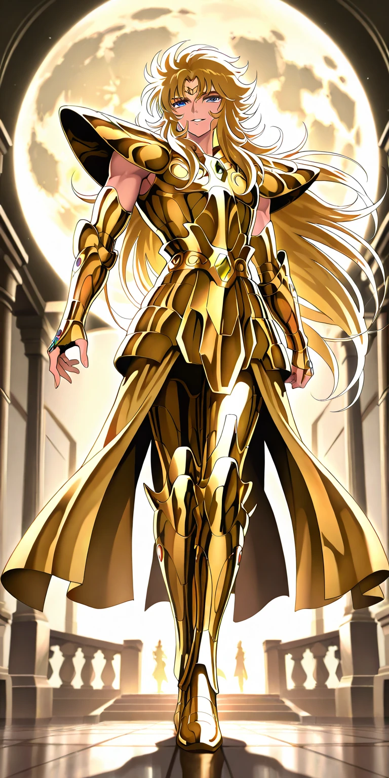 Masterpiece, Best Quality, Highly detailed, illustration, absurdres, 1girl, solo, expressionless, blank eyes, looking at viewer, emotionless, corrution, mind control, female combatant, full body, hypnotized, unhappy trance, both arms at side, obey, perfect female body, extremely glossy latex, hypnosis, hypnoLora, empty eyes, Mind control device, arm at side, stand up straight, standing, standing at attention, latex, gold delmo uniform, golden delmo uniform, delmo uniform, tight miniskirt, pencil skirt, ultra-detailed, Explicit, Beautiful body, Beautiful Nose, Beautiful character design, perfect eyes, perfect face, ultra highres, 4K, beautiful legs, perfect legs, Nice hands, Perfect hand, white skin, blonde hair, long hair, purple eyes, puffy sleeves, looking at viewer, light reflect on clothes, (golden delmo uniform, gold metal foil uniform, gold delmo, golden sleeve, red stripes, tight golden miniskirt, gold shoes), Yang Xiao Long, RWBY