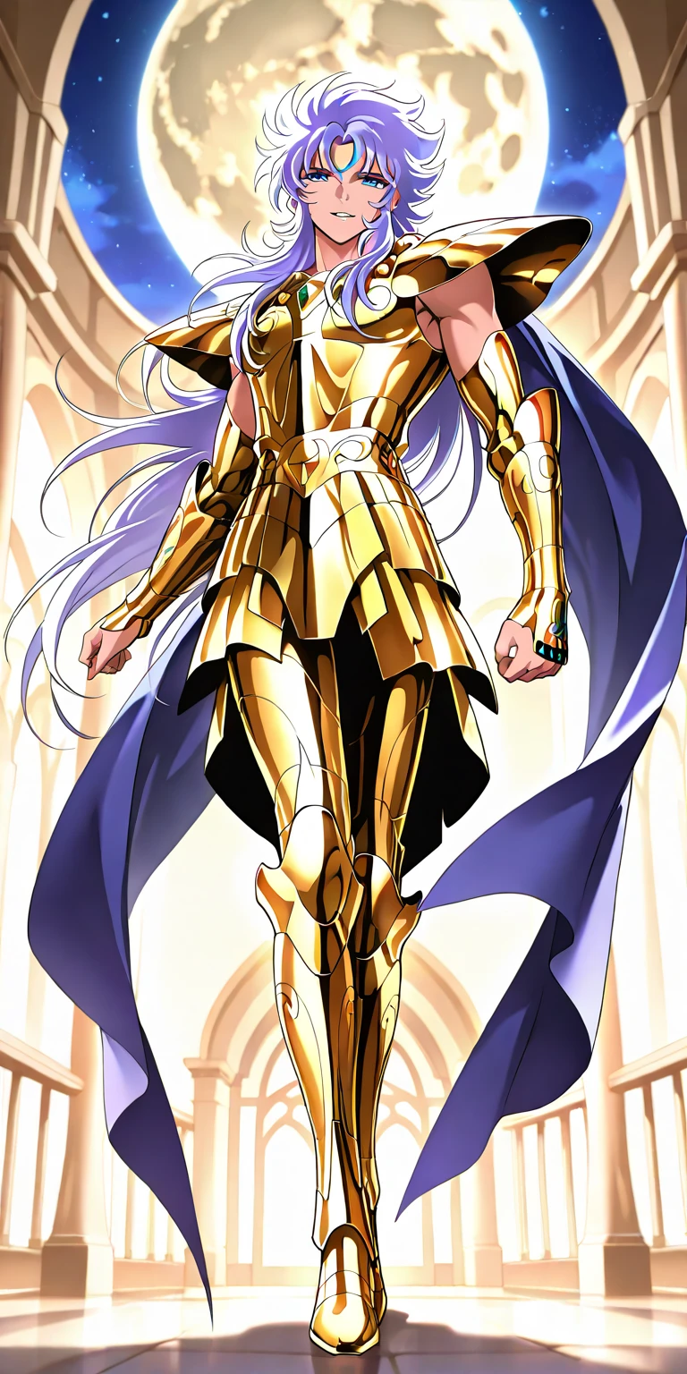 Masterpiece, elegant mature male, aquarius camus\(saint seiya\), pegasus cloth, full body, parted lips, smile, full moon background, dynamic lighting, ultra detailed, highres, absurdres, home, aquarius camus\(saint seiya\) style, stunning visual cg, looking at viewer