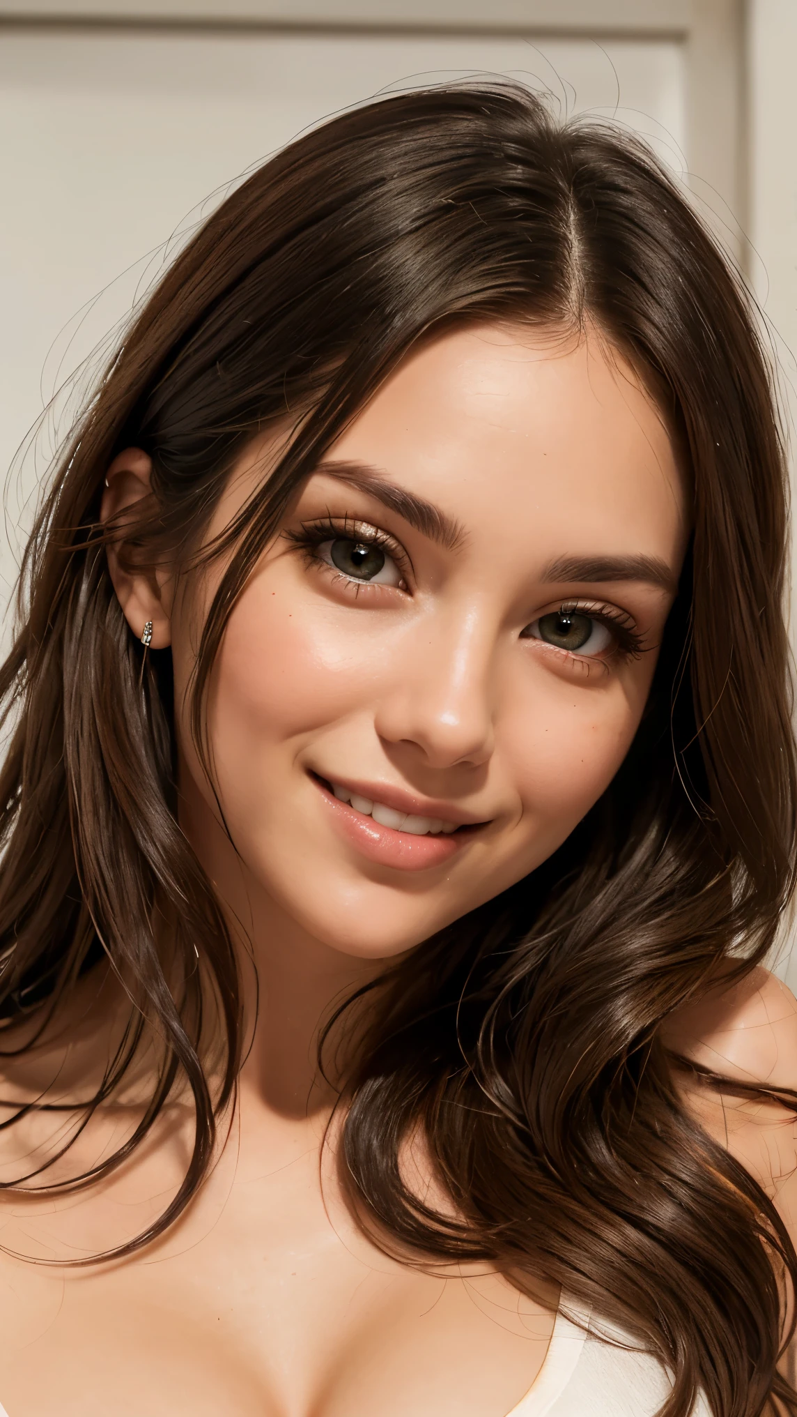 A 27-year-old woman, dark brown hair, slightly wavy locks, European features, captivating smile with dimples, greenish-brown eyes, large eyes.
