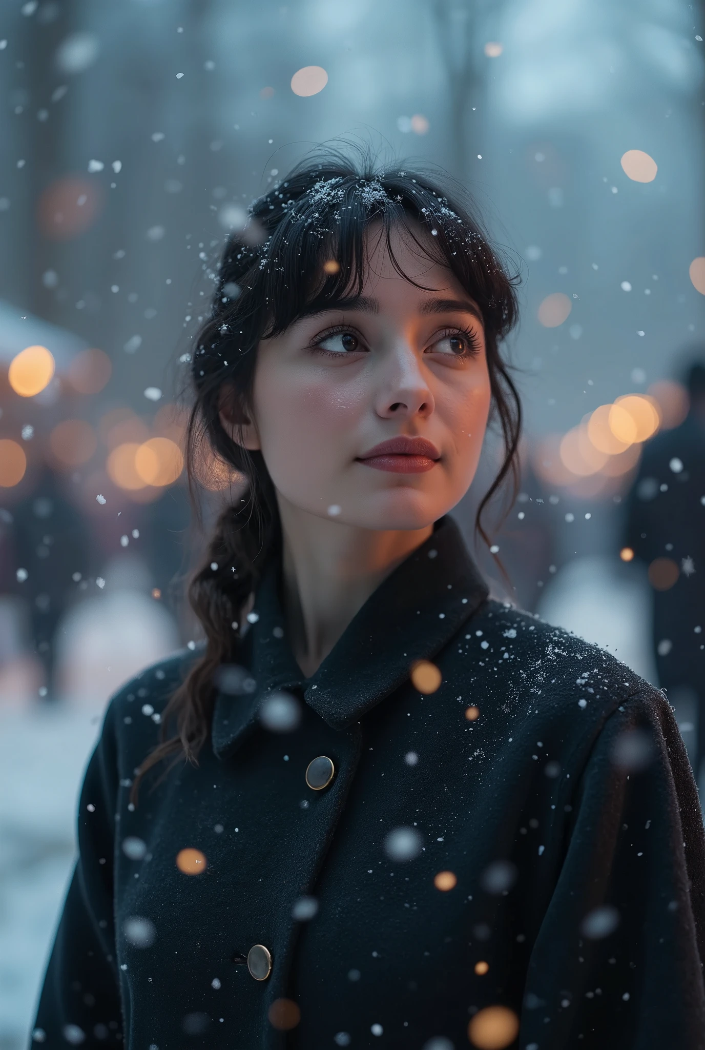 （masterpiece, best quality :1.2), winter,1 woman, [white breath] 、( Fantastic)Winter Festival 、 Snowflakes、❄️、cinematic lighting ,focus on her face,background blur,  fantastic