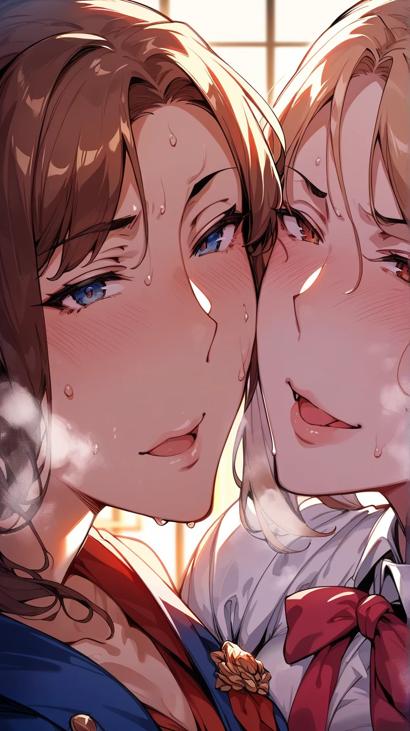 beautiful anime girls, two girls kissing, one girl has short wavy brown hair, the other has silver hair, freckles. Naked, small breasts, petals, dark eyelashes, perfect eyes, perfect face, intricate, intricate details, epic, character portrait, cinematic portrait, anime, anime art