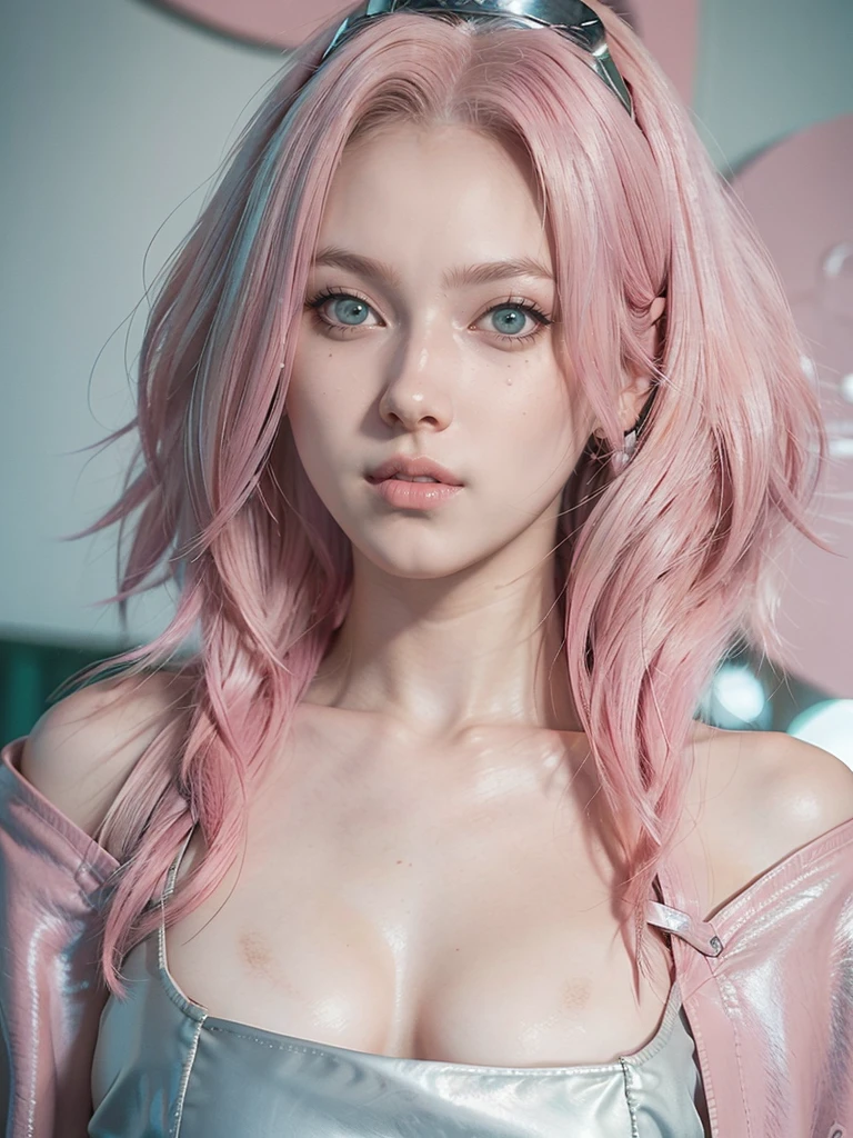 young woman, long pink hair, wide forehead, porcelain skin, pink eyebrows, big emerald green eyes, buttoned nose, thick lips, heart-shaped face, slender body, small breasts, pink leather dress, Sakura Haruno, realistic, realism black details 3d