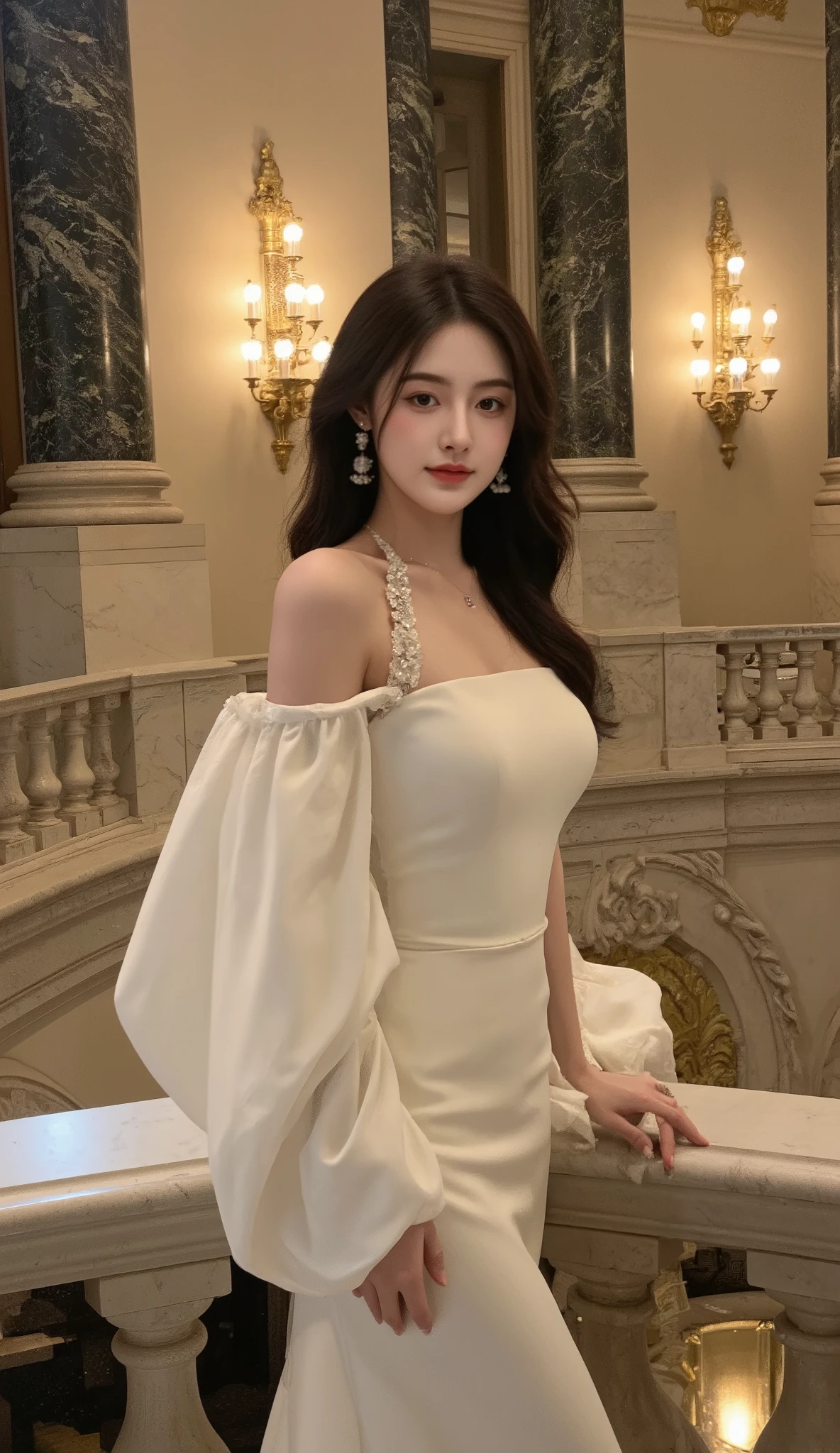 A stunning woman posing elegantly beside a marble balustrade in an opulent, classical hall. She is wearing a form-fitting, ivory satin gown with a delicate, asymmetric shoulder strap adorned with intricate pearl embellishments. The dress gracefully hugs her curves, flowing seamlessly down to the floor with subtle draping around her waist, emphasizing her silhouette. Her long, wavy black hair cascades over her shoulder, styled in loose, romantic waves with a side parting that softly frames her face. She wears delicate dangling earrings that catch the warm, golden light of the grand chandeliers behind her.

The background features majestic marble columns with ornate carvings, illuminated by vintage wall sconces casting a soft, amber glow. The ambiance exudes luxury and timeless elegance, reminiscent of a historic European palace. The model’s pose is graceful and poised, her gaze turned downward with a serene, contemplative expression, exuding an air of sophistication and allure.