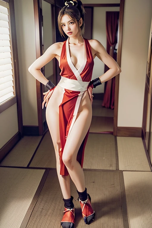 mai shiranui, Brown eyes, (Full body portrait:1.4), Full body, (Realism), (masutepiece:1.2), (Best Quality), (ultra-detailliert), (8K, 4K, Convoluted), (skinny), Prestige, Long hair, Brown hair, White ribbon, Sleeveless, poneyTail, sash, pelvis curtain, arm guards, mitts, (tabi:1.4), fascinated expression, Sexy eyes, medium breasts, Smile, Cute, view the viewer, Long hair, Close to Japan temple, (breasts focus:1.2), (Realistic:1.2), (Full Shot: 1.2), (85 mm), light Particle, Lighting, (Highly detailed:1.2), (Detailed face:1.2), (gradients), SFV, Colorful, (Detailed eyes:1.2), (Detailed temples of Japan: 1.2),(Detailed background), (Dynamic Angle:1.2), (Dynamic Pose:1.2), (Line of action:1.2), Wide Shot, Daylight, Solo.