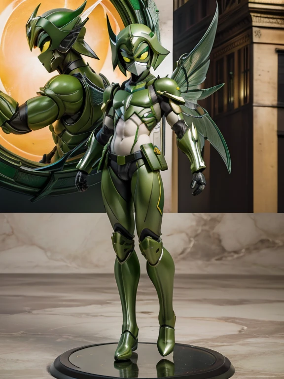 Cartoon photo of woman in green and red costume, hot insect humanoid woman, Guyver style, SFW version, scaraber reploid, tail, cel shade adult animation, alien queen, serpentine pose, --auto --s2