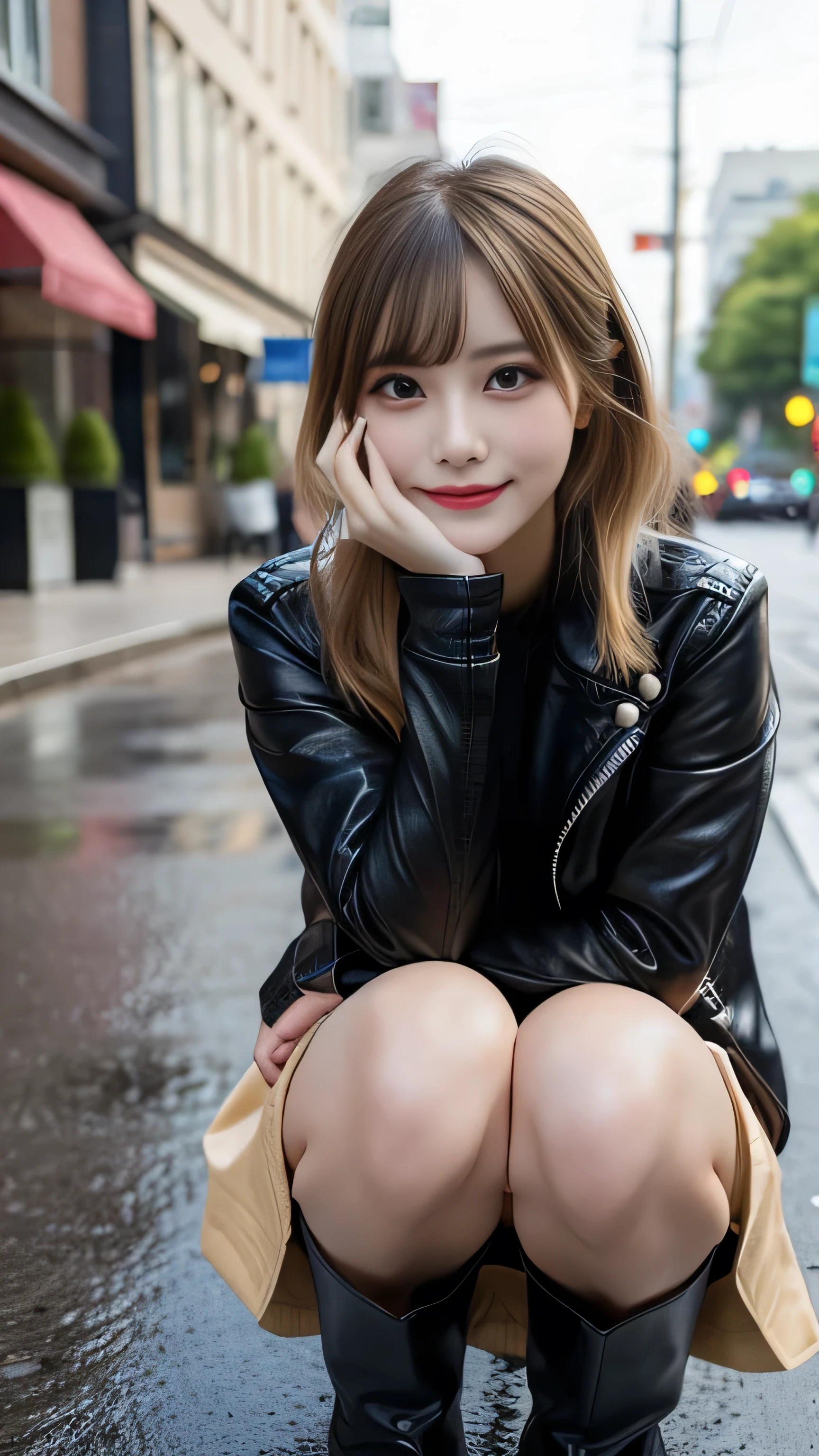 front view:1.5, large breast:1.4, full body photo,((focus on crotch)), she is in a street, standing on a hard rainy street, one girl, High resolution ,blonde hair, Light Hair Color, sexy, Beautiful eyelashes ,High resolution ,Zoom out ,20-year-old ,Highest quality ,Very detailed ,Finer details ,High resolution ,8k wallpaper ,Beautiful eyes in every detail ,Natural lip color ,very beautiful:1.5, Full body,front view:1.5,looking camera, (riders leather thick Jacket,knee high boots, very high gloss,brown leather pleated mini thick skirt, Little Devil Smile), curvy thighs:1.5, (a beauty girl, delicate girl:1.3), break, very fine eyes, (symmetrical eyes:1.3), break,brown eyes, parted bangs,best smile, break, (eyes and faces with detailed:1.3), break, (masterpiece, best quality, ultra detailed, detailed face, 8k)