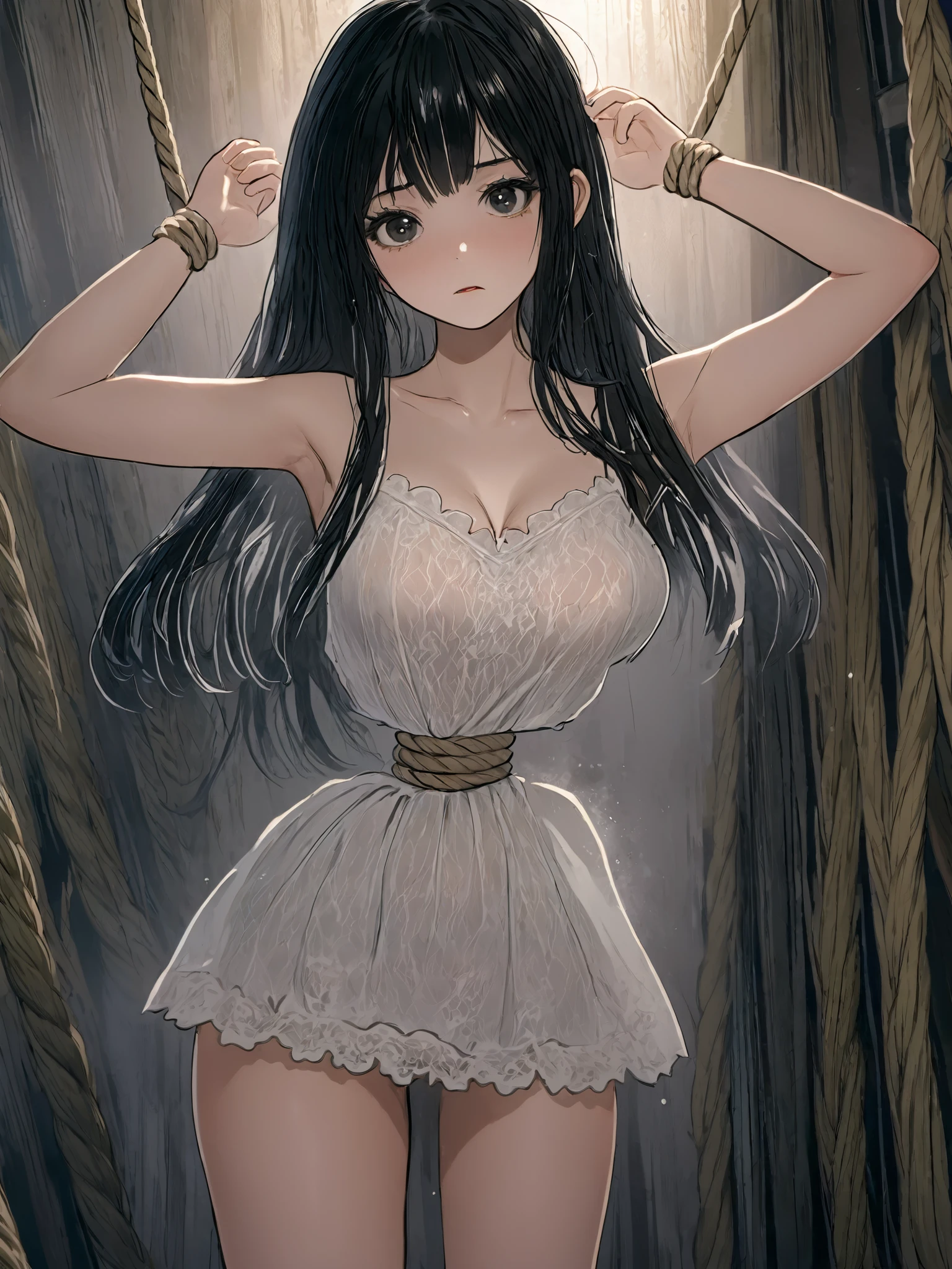 ((anime style ))),(( masterpiece )), (( top quality)), (super detailed ),torture chamber,((( hemp rope tightly tightning around her waist))), cute girl, 1 girl,white shiny lace slip dress ,beautiful black hair,( beautiful black eyes),long hair,expression of pain