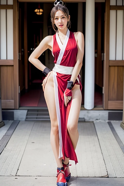 mai shiranui, Brown eyes, Full body portrait, Toes are visible, Standing, Full body, Prestige, Long hair, Brown hair, White ribbon, Sleeveless, poneyTail, sash, pelvis curtain, arm guards, mitts, tabi, fascinated expression, Sexy eyes, medium breasts, Smile, Cute, view the viewer, Long hair, Close to Japan temple, (breasts focus:1.2), (Realistic:1.2), (Full Shot: 1.2), (Realism), (masutepiece:1.2), (Best Quality), (ultra-detailliert), (8K, 4K, Convoluted), (85 mm), light Particle, Lighting, (Highly detailed:1.2), (Detailed face:1.2), (gradients), SFV, Colorful, (Detailed eyes:1.2), (Detailed temples of Japan: 1.2),(Detailed background), (Dynamic Angle:1.2), (Dynamic Pose:1.2), (Line of action:1.2), Wide Shot, Daylight, Solo.