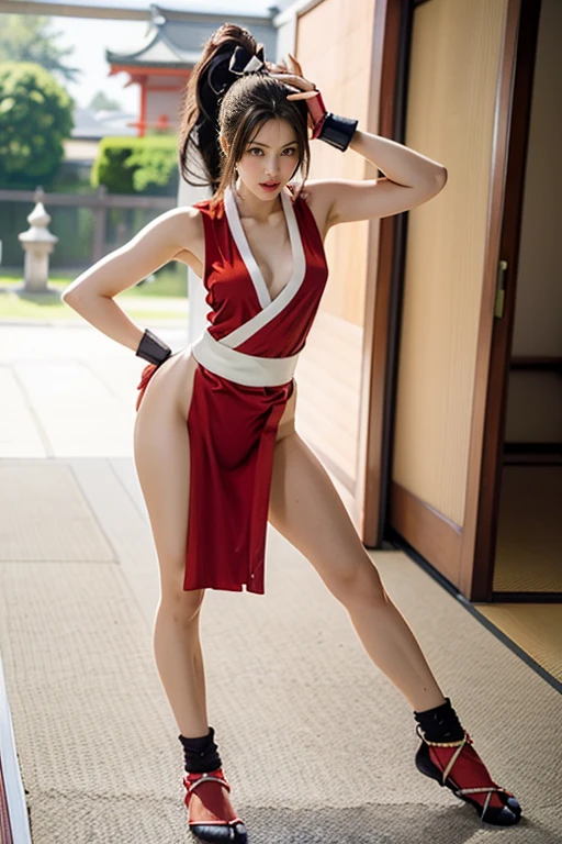 (mai shiranui:1.7), (tabi:2.0), (toe:1.2), (Full body portrait:2.0), Full body, (Realism), (masutepiece:2.0), (Best Quality), (ultra-detailliert), (8K, 4K, Convoluted), (Flat Lighting:1.2), (skinny), Prestige, Brown eyes, Long hair, brown eyes, long hair, brown hair, white ribbon, sleeveless, ponytail, sash, pelvic curtain, arm guards, gloves, tabi, fascinated expression, Sexy eyes, slim, medium breasts, Smile, Cute, view the viewer, Long hair, Close to Japan temple, (breasts focus:1.2), (Realistic:1.2), (Full Shot: 1.2), (85 mm), light Particle, Lighting, (Highly detailed:1.2), (Detailed face:1.2), (gradients), SFV, Colorful, (Detailed eyes:1.2), (Detailed temples of Japan: 1.2),(Detailed background), (Dynamic Angle:1.2), (Dynamic Pose:1.2), (Line of action:1.2), Wide Shot, Daylight, Solo.