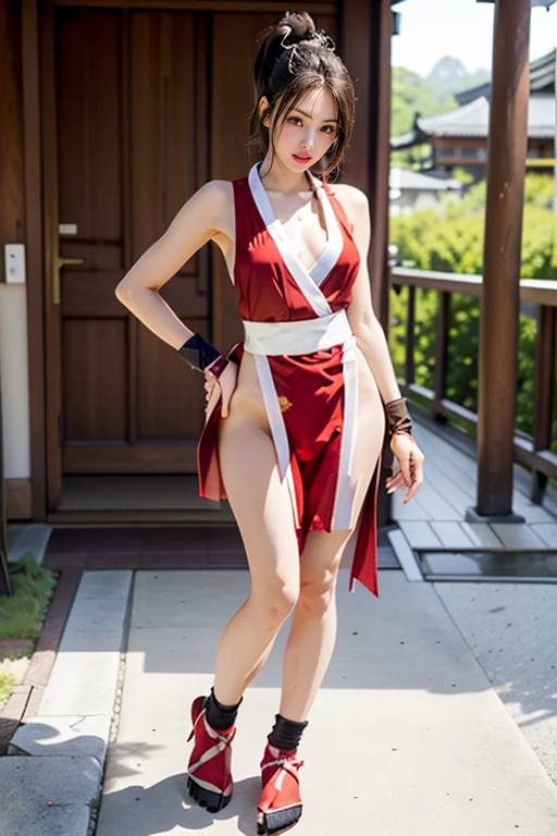 (mai shiranui:1.4), (tabi:1.4), (Full body:1.4), (Toe;1.3), (Realism), (master piece:1.2), (Best Quality), (ultra-detailliert), (8K, 4K, Convoluted), (Flat Lighting:1.2), (skinny), Prestige, Brown eyes, Long hair, brown eyes, long hair, brown hair, white ribbon, sleeveless, ponytail, sash, pelvic curtain, arm guards, gloves, tabi, fascinated expression, Sexy eyes, slim, medium breasts, Smile, Cute, view the viewer, Long hair, Close to Japan temple, (breasts focus:1.2), (Realistic:1.2), light Particle, Lighting, (Highly detailed:1.2), (Detailed face:1.2), (gradients), SFV, Colorful, (Detailed eyes:1.2), Detailed temples of Japan, Detailed background, (Dynamic Angle:1.2), Dynamic Pose, Wide Shot, Daylight, Solo.