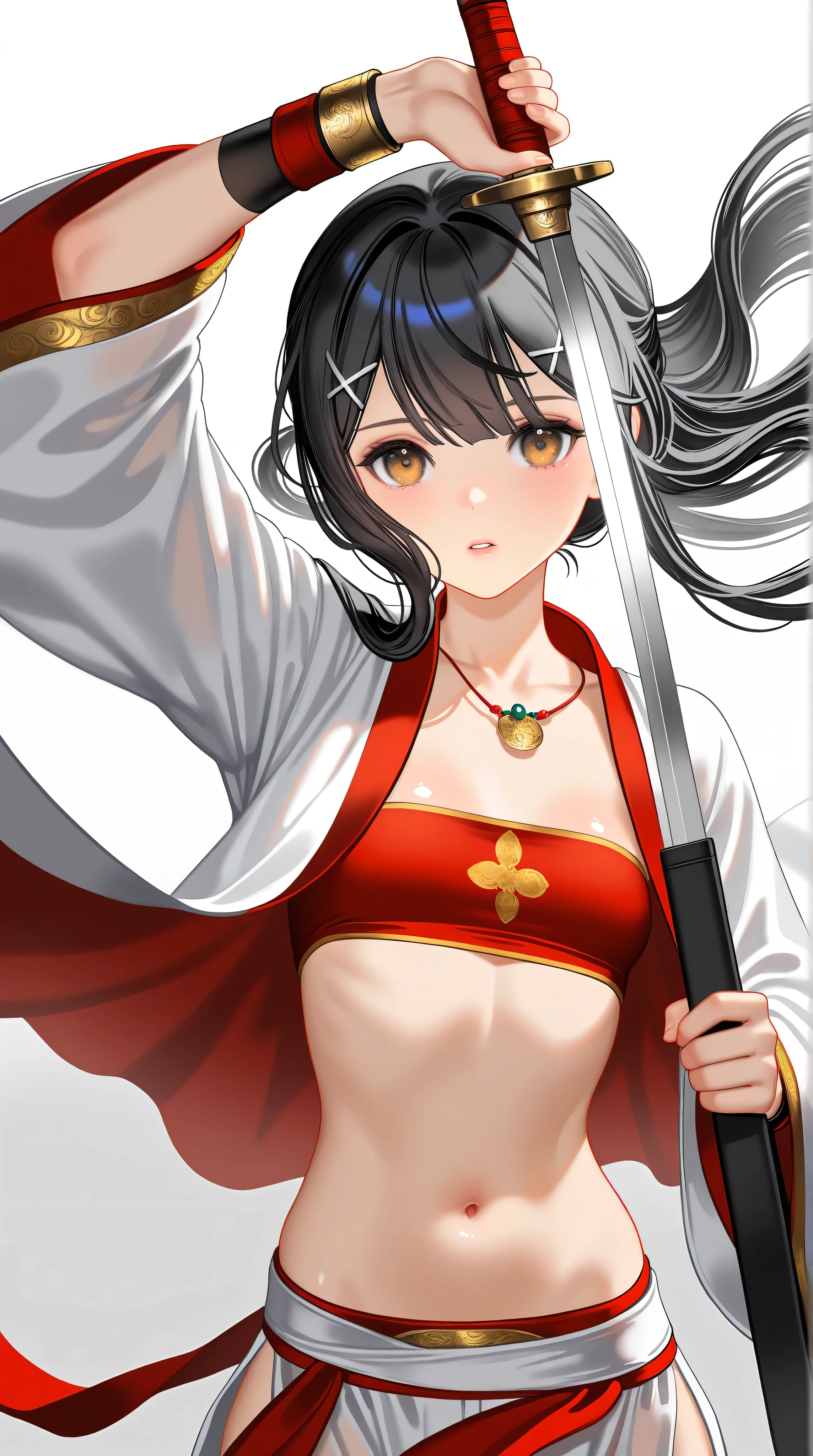 masterpiece,best quality,newest,highres,absurdres,very awa,shiny skin,upper body,(artist:loika:0.5),(artist:xiaoshou xiansheng:0.8),artist:rin31153336,artist:gawako,weapon, sword, black hair, 1girl,Miyu Edelfelt,brown eyes, holding,holding sword, arm up unsheathing sword,solo, chinese clothes, holding weapon, long sleeves, hanfu, long hair,x hair ornament, parted lips, grey background, sash,small chest,bandeau,navel,white robe, jewelry, floating hair, robe, bracelet, wide sleeves,loose clothes,loose pants,low-cut,ming, ming dynasty, ming clothing, daopao clothing, waistband,wrist protector,red cloth,hanfu,necklace, white sash, gradient background, simple background, white background,looking at viewer