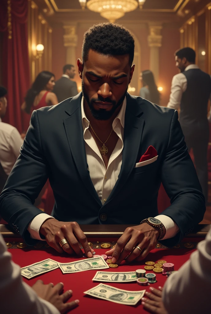 A strong dark man with curly hair Brazilian online casino player,with an image of a casino roulette wheel in the background 