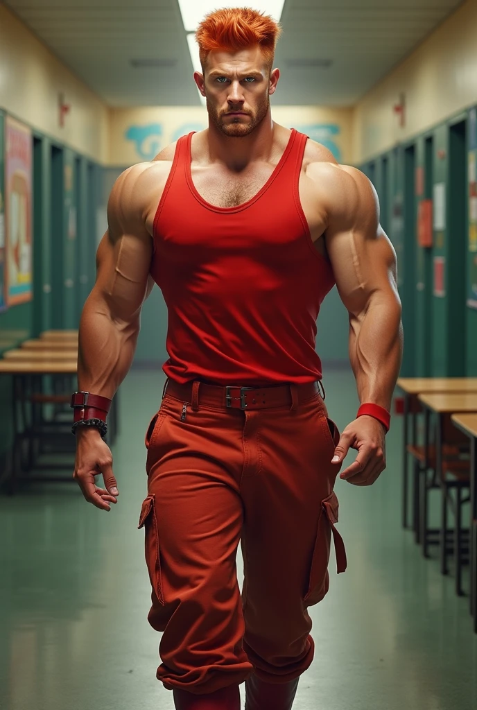 (medium_wide_shot), white man, (39yo), (auburn_haired), handsome, hunk, beautiful man, beard, muscled, beefcake, hunky, sturdy, hairy, (white tank top), red_shorts, bulge, (cap with the word COACH), (coach_whistle), detailed_face, detailed_eyes, looking at viewer, front view, (full_frame), lockers_background