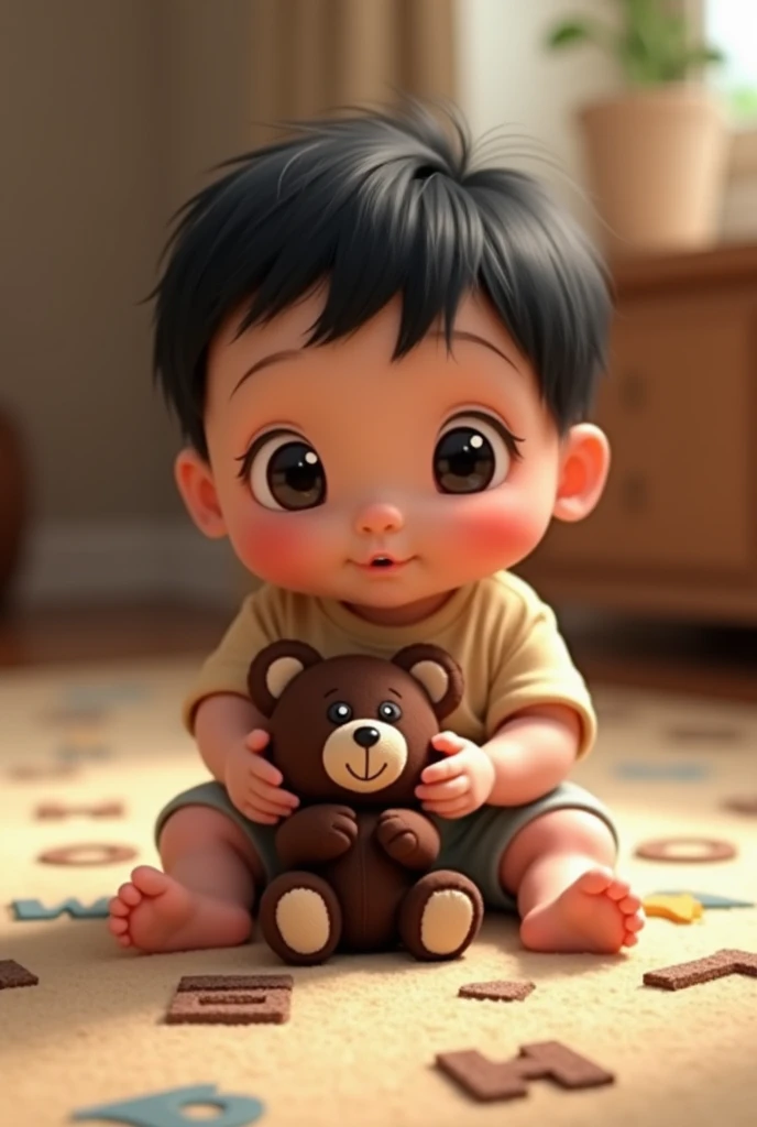 um de 1 ano, dark hair,smooth ass,小柄, dark brown eyes and small, bochechas grandes, wearing white pants,White suspenders,White shoe, white bow tie and light blue blouse on neutral background in pixar style