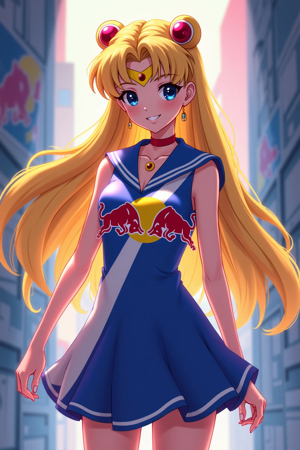 Manga illustration Poster color, Sailor Moon, With long blonde hair, wearing pink short sleeves, Shibuya Street, street photos,record store entrance, wearing 90's street clothes, Front, --AR 2:3 --style expressive --s 400，Hand detail。