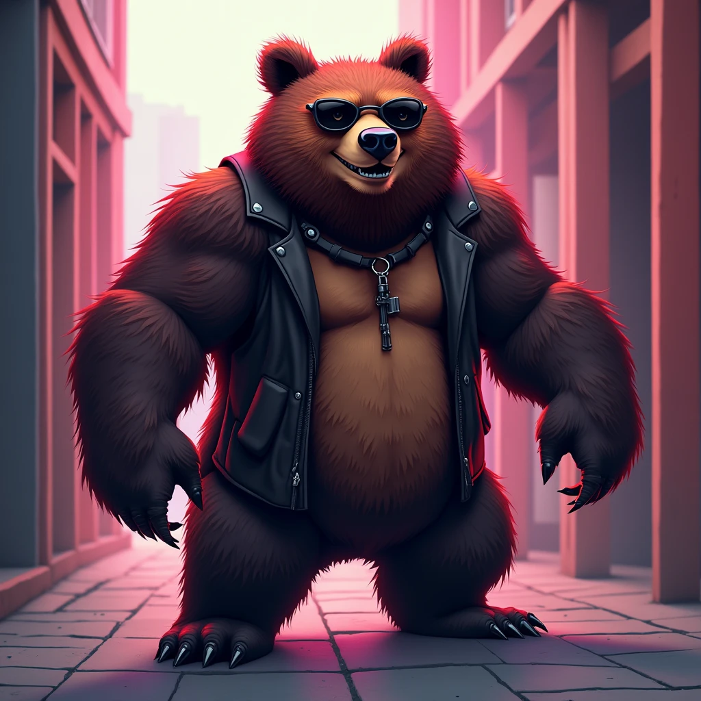 Cartoon bear wearing a black jacket with a mean face and a weapon