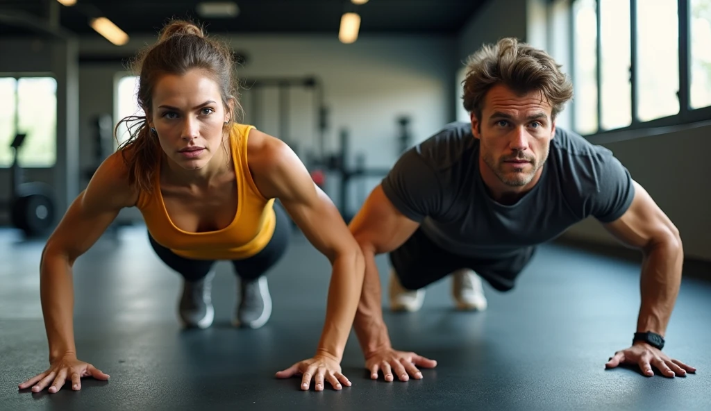A close-up of a man and a woman doing push-ups with kettlebells, in a gym, working out, cabin!! healthy body, crossfit athletic structure, shaped body, Physical aptitude, local gym, athletic muscle tone, 🤬 🤮 💕 🎀, Strong body, shutter, photo taken in 2018, 😭🤮 💔