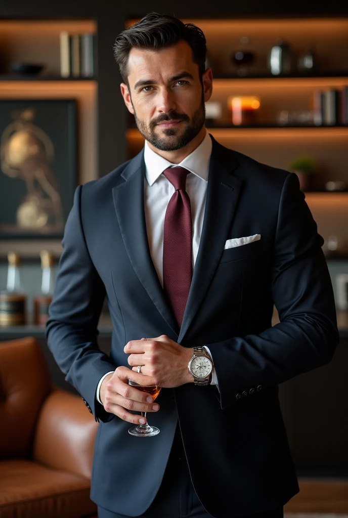"A highly detailed portrait of an elegant man with a well-groomed light beard, sharp facial features, and short, neatly styled dark hair. He is wearing a tailored dark navy suit with a white dress shirt and a silk burgundy tie, complemented by a sleek silver wristwatch. The man stands confidently with a relaxed posture, holding a glass of whiskey in one hand. The background features a modern, luxurious interior with soft ambient lighting, a leather armchair, and a bookshelf filled with fine literature and decor, creating a refined and sophisticated atmosphere."
