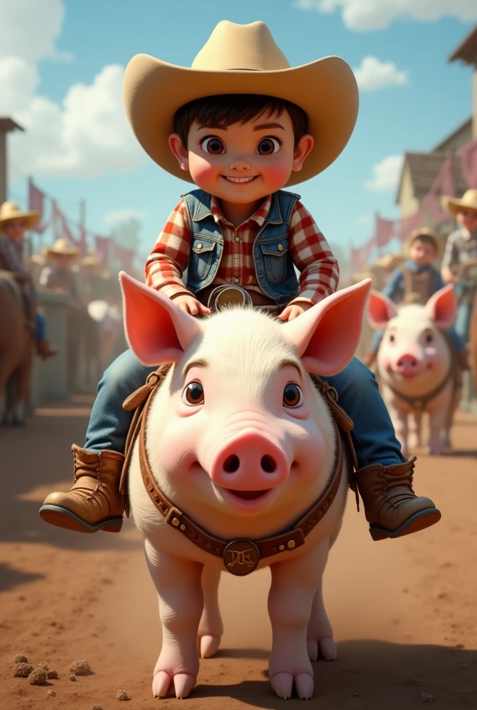 A Boy, 3 , smiling, light brown hair, wearing boots, with one hand raised, straw hat, mounted on a pig with four legs, field scenery