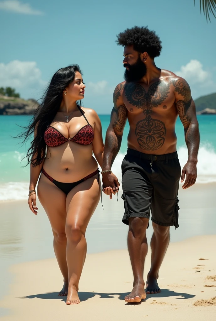 full body picture , BBW Wet curvy, wet Desi MOMMY showing her big ass in sexy sexy thong cow pattern THONG TINY bikini and showing cleavage and in nose ring, many bangles in hands,earings, necklace ,lipstick ,navel,Indian, Chubby, showing her curves in sea water, sea waves , rocks, kissing a bearded muscular man in shorts,
