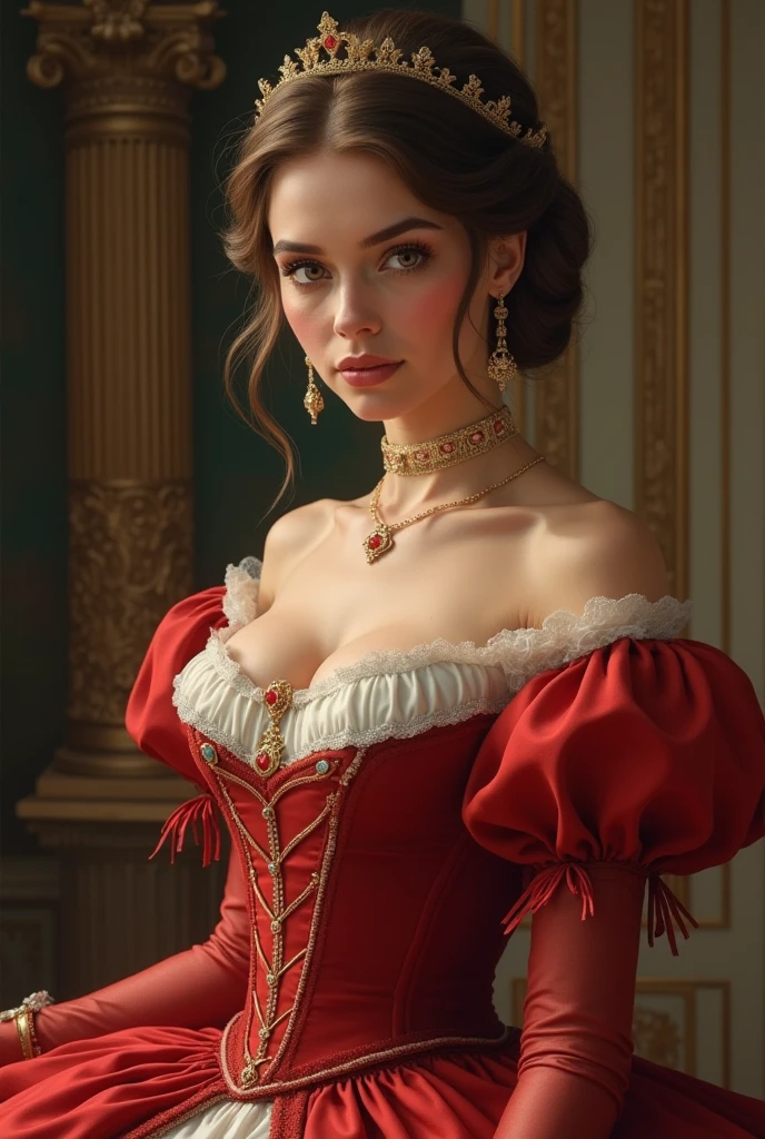 A woman in red Royal victorian era dress, red Royal victorian era ball gown, big breast, big cleavage in chest,