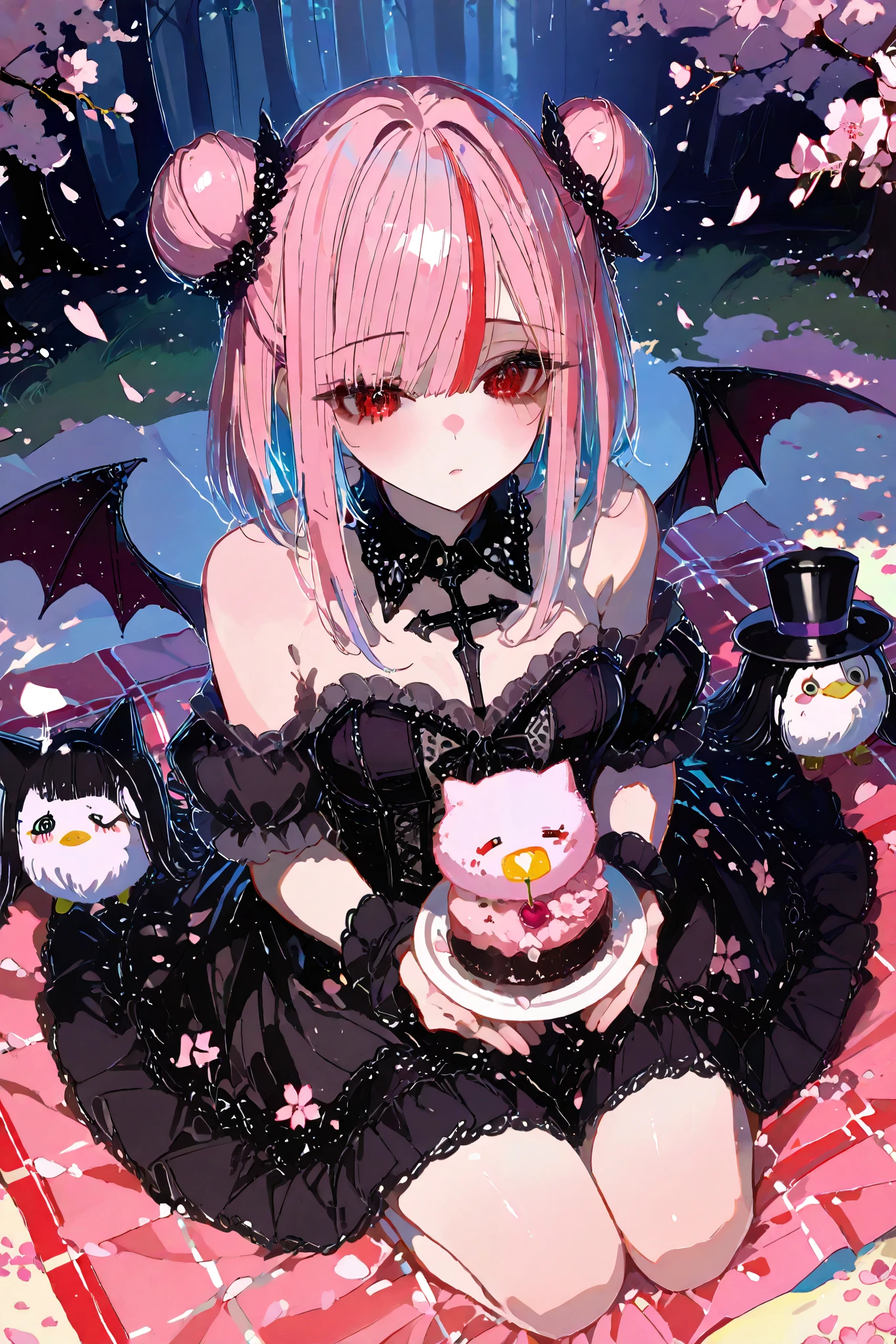 masterpiece, general ,Sluisap,Sakimistyle,XXX667 _illu,748cmstyle,dark gothic, top quality, super high resolution, Two Chibi style girls in elegant traditional costumes , One is blue 、 the other is red , under a cherry tree in full bloom、 they're sitting on a picnic sheet . sunlight penetrates through the petals , software , let's create a warm glow . they enjoy traditional sweets , One girl is holding out a piece of a bun to the other girl. it's a quiet and peaceful scene , Pink cherry blossom petals are gently fluttering down .