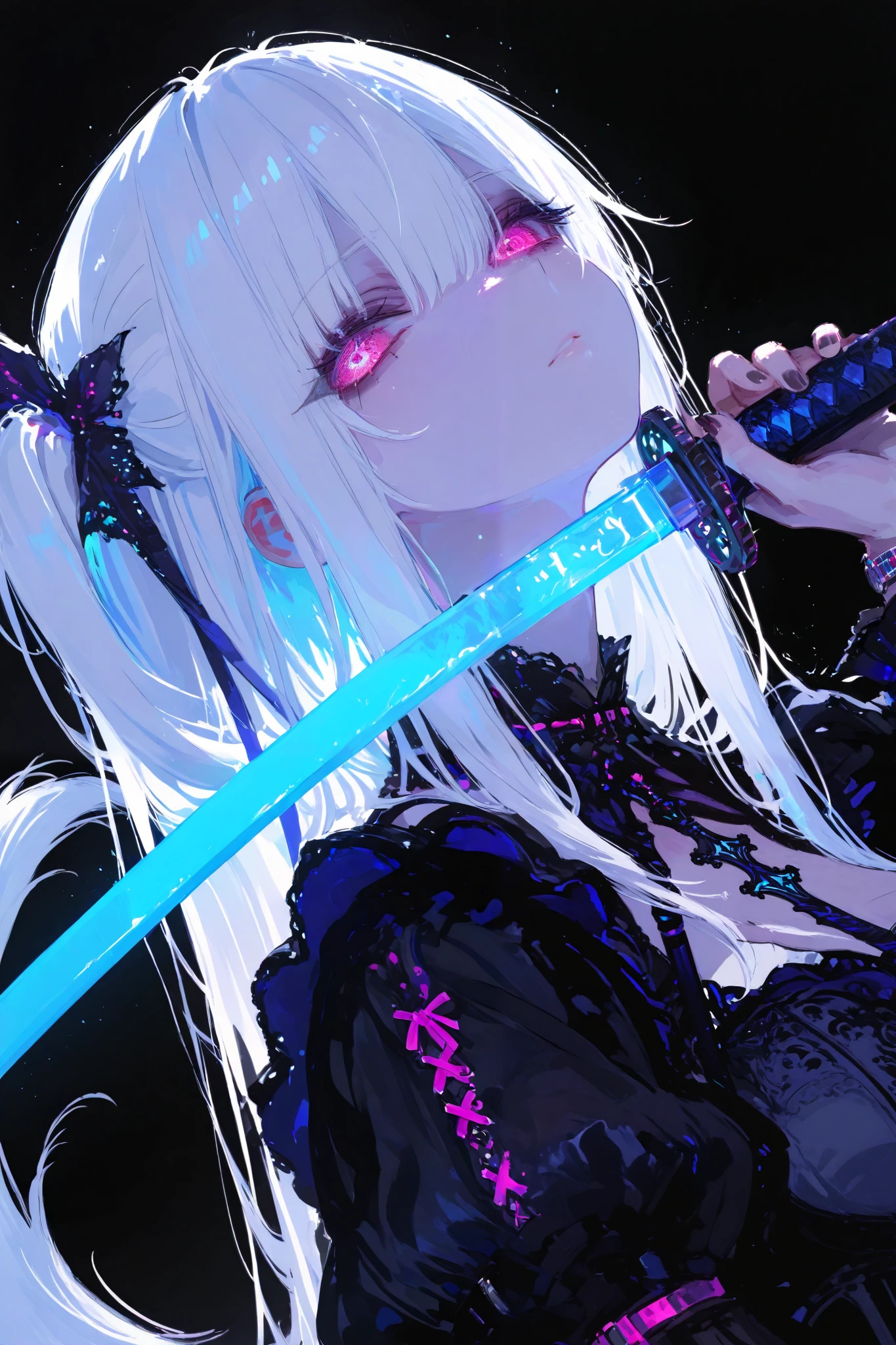 masterpiece, top quality, general ,Sluisap,Sakimistyle,XXX667 _illu,748cmstyle,dark gothic, great quality, CHARACTER FOCUS , minimalist, side angle, upper body, Princess cut, Long horse tail , Cybernetic , has katana, pose , DYNAMIC ANGLE, face focus, Watch viewers, backlight, one side light ,round background , with Blue Neon Lights , black background