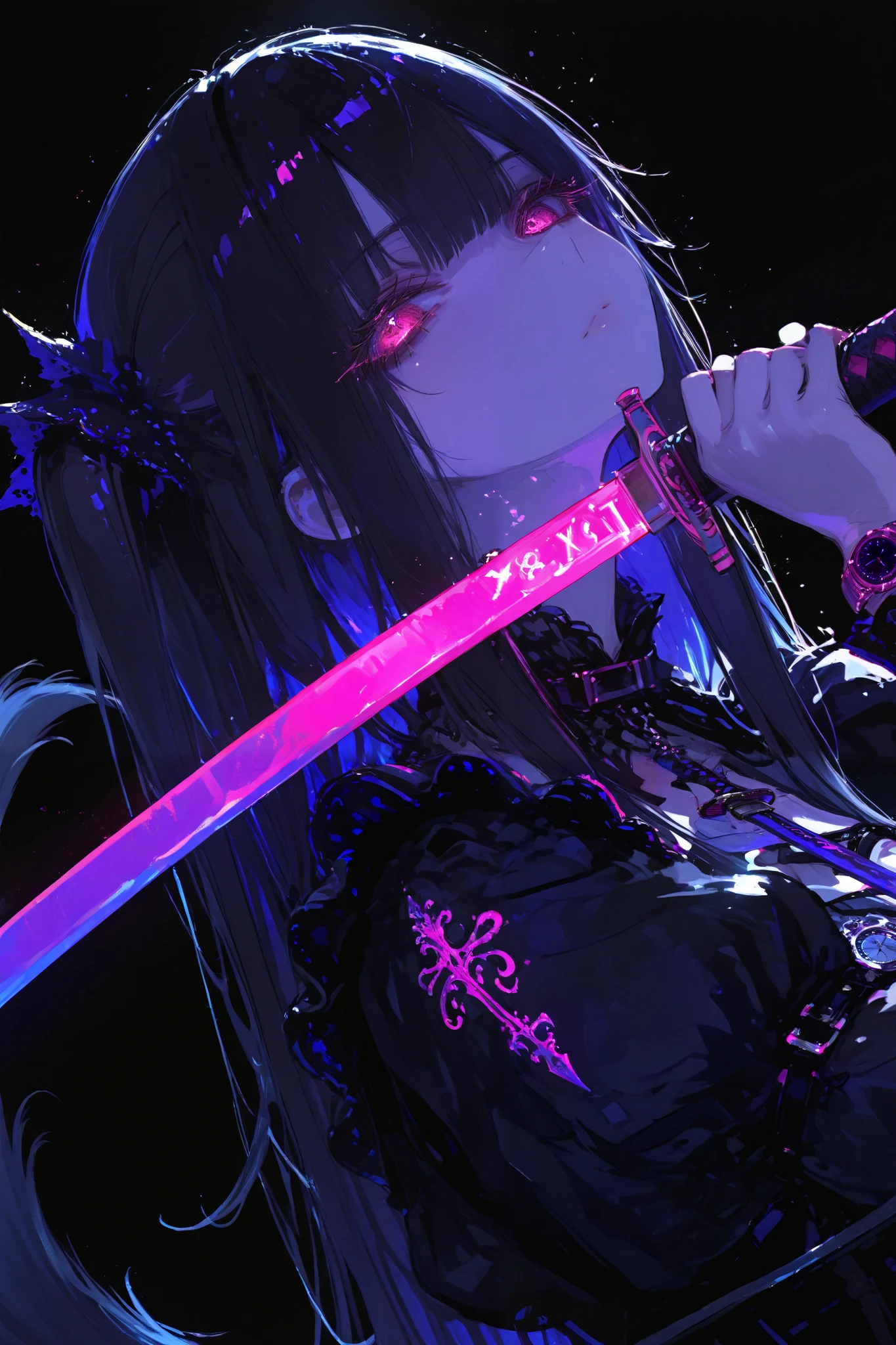 masterpiece, top quality, general ,Sluisap,Sakimistyle,XXX667 _illu,748cmstyle,dark gothic, great quality, CHARACTER FOCUS , minimalist, side angle, upper body, Princess cut, Long horse tail , Cybernetic , has katana, pose , DYNAMIC ANGLE, face focus, Watch viewers, backlight, one side light ,round background , with Blue Neon Lights , black background