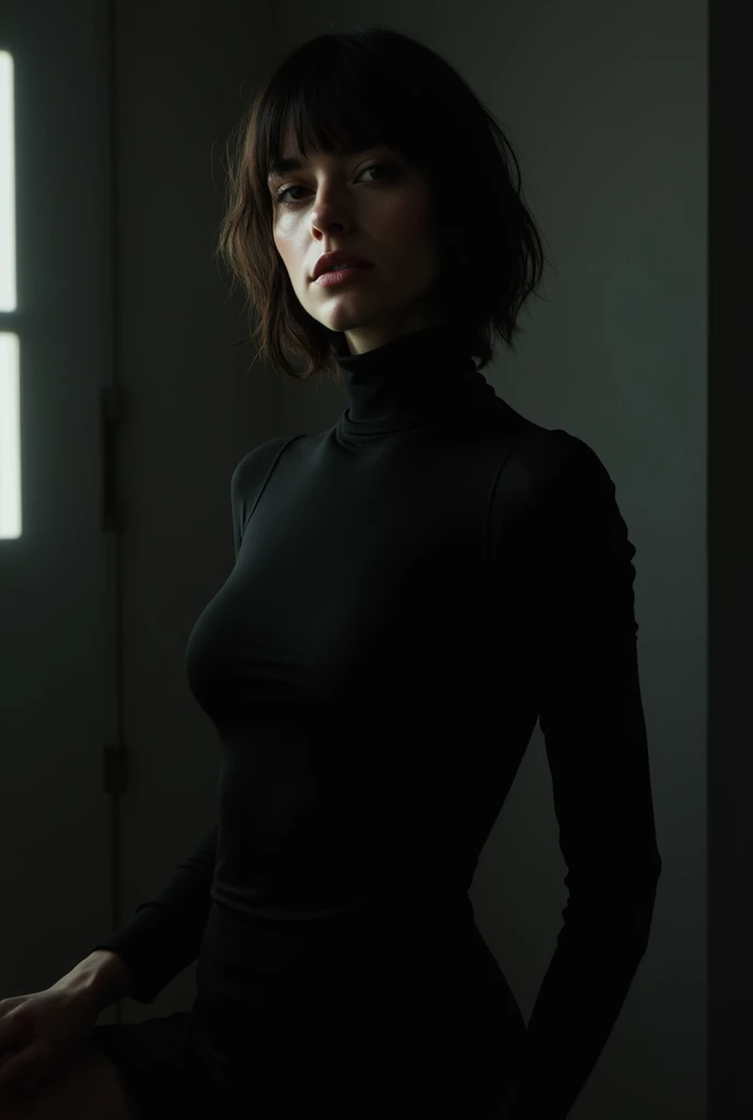 Masterpiece, a beautiful swedish woman, (Helena Mattsson:Alicia Vikander:0.3), (formal dress with high details and plunging neckline), (small breasts), (athletic body), (black fur), (short hairstyle), luxury hotel, (skin texture:1.1), Best Quality, ultra high resolution, photo and gross, Nikon D850, backlight, rim light, studio lighting, film grain:1.2, (fresh tone, cold tone:1.2)