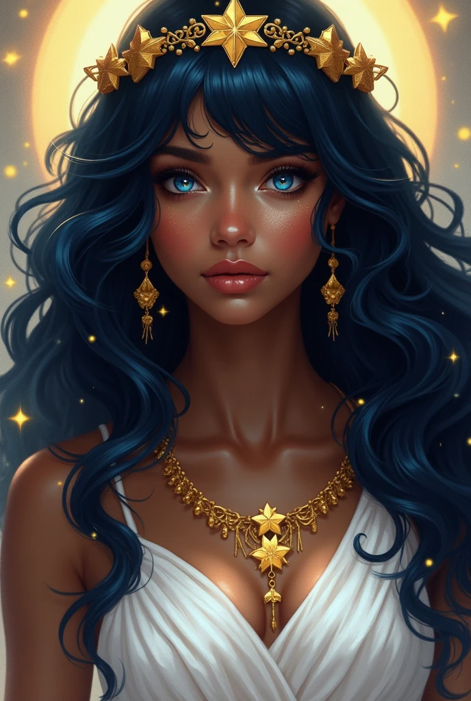 Pino Daeni, (1golden filigree clock), ((beautiful black Ethiopian woman )) clear defined facial features, soft black hair, stunning blue eyes, attractive hourglass figure, fitted blue sheer wrap dress, celestial, astrotraveler, painted illustrations, flare, sparkling stars in a blue galaxy, twilight, ornate masterpiece, Korean comic realism, cinematic, crystallography by Friedrich Haag, medium camera shot, high angle, tessellation by Maurits Cornelis Escher, zodiak, intricate details, depth of field, by Kay Nielsen, Diane Dillon, Julie de Graag, vibrant night sky colors, nightcore, softly lit face, 16K, best quality 