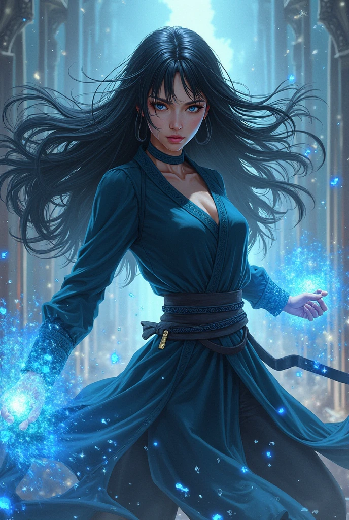 Demon slayer.has navy blue eyes with sparks.has dark black hair covering the backside coloured with navy blue.has a white and light blue shirt, white skirt. White gloves and black necklace