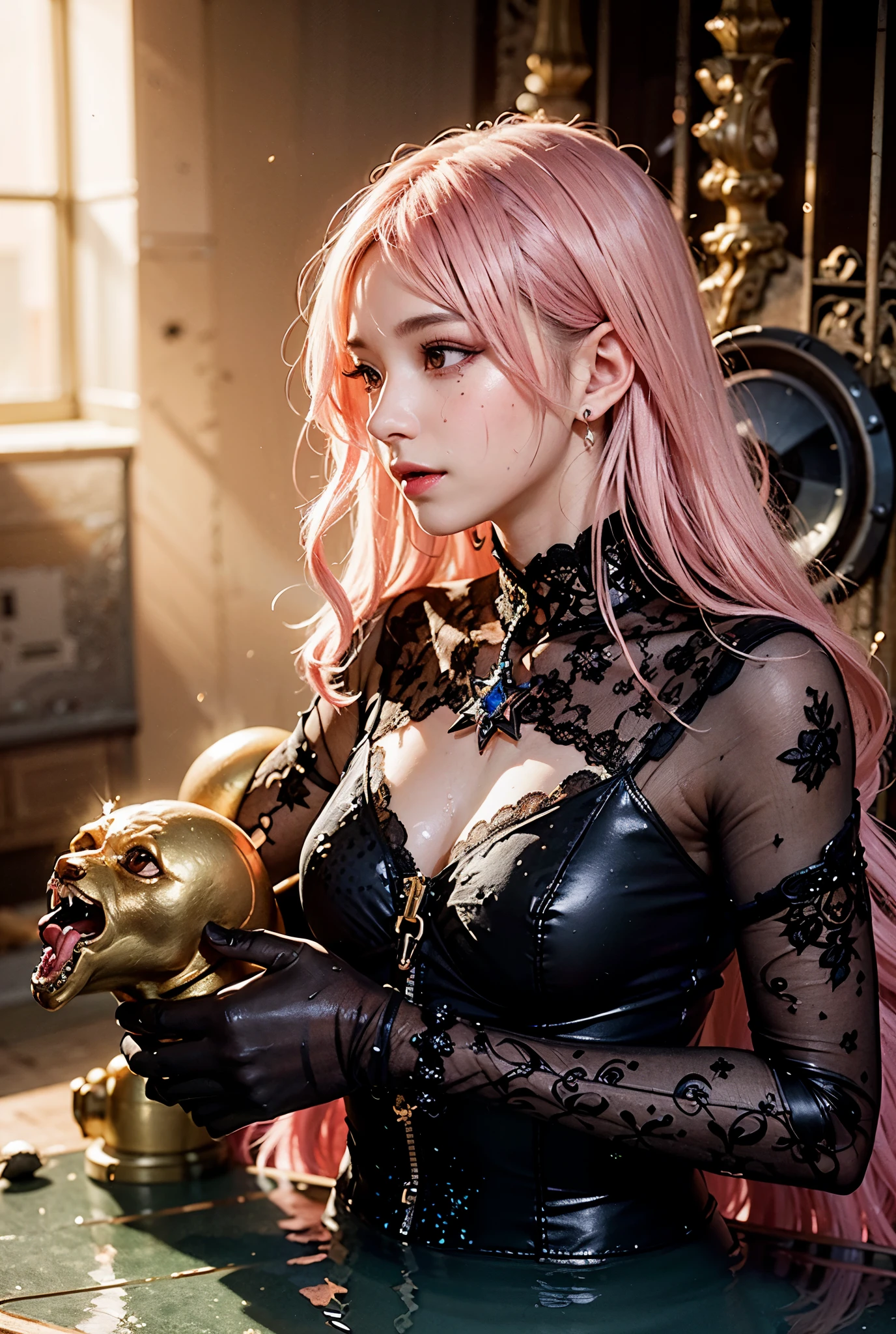 Arafed, dark fantasy art, glamour shot, award winning shot, photorealistic, a portrait of a female vampire drinking a ((glass of blood)), pink hair, long hair, red lips, glowing eyes, there is an imprint of white rose, dynamic color, she wears, an elegant (black dress: 1.5), catholic church and altar background, bar background, 16k, ultra detailed, masterpiece, best quality, (extremely detailed), rpg portrait, art by mooncryptowow, photograph