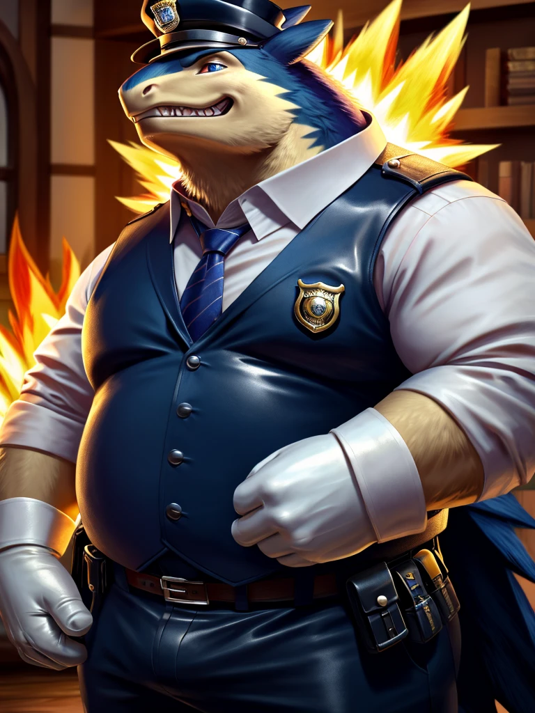Solo, Male, fat, squatting, extremely obese, gentleman, dapper Typhlosion, pooping in diaper, blue eyes, (soft shading), 4k, hi res, ((detailed face, detailed)), looking at viewer, evil grin, police station, collared shirt with buttons, hat, male focus, Police Uniform, glasses, monocle, vest with buttons, sleeves rolled up, round eyewear, headwear, vest, Typhlosion is wearing a glossy leather dog collar around the neck, Typhlosion is wearing the leather collar and shirt and vest at the same time, Typhlosion is wearing glossy white rubber gloves on the hands, wearing white rubber gloves on the feet, gloves are rubber in texture, mouth wide open, evil laugh, clenching fists, leather collar is glossy and shiny with a lot of detail, Typhlosion is wearing gloves and leather collar at the same time, leather collar has a round dog-tag, leather collar is thick and detailed, white rubber gloves on the feet, Typhlosion is wearing gloves and leather collar at the same time, leather collar has a round dog-tag, leather collar is thick and detailed, leather collar is glossy and shiny, fancy clothing, dapper vest, dapper shirt, leather collar is thick, glossy leather collar, Typhlosion is wearing a dirty diaper