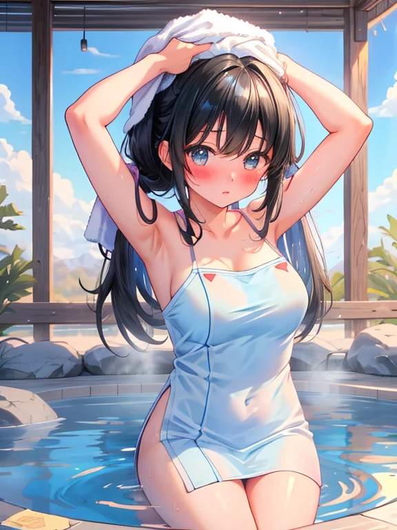 (masterpiece:2.0), (highest quality:2.0), (Leaning forward naked in a hot spring:1.5), (Extra short white tube top towel:1.5), (super sexy pose:1.5), (look up from below:1.5), (perfectly exposed shoulders:1.5), (perfectly exposed nape:1.5), (blushing face:1.5), (cover your crotch with your hands:1.5), (cover your chest with your hands:1.5), (spilling breasts:1.5), (realistic:1.5), 1 little girl, very cute girl, precision small hands, You look embarrassed when you look at me, light smile, innocent face, young face, clear eyes, shining eyes, small breasts, I can see the side boob, I can see your shoulders, I can see the cleavage, no pubic hair, dynamic posing, beautiful skin, Super fine, highest resolution, Japanese high school student, golden hair