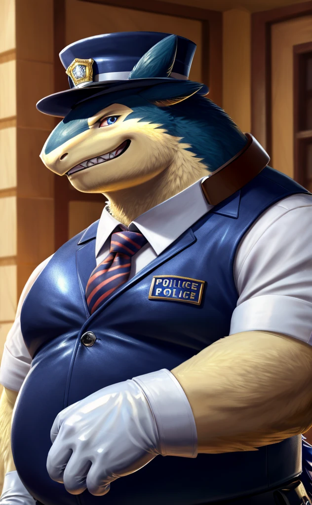 Solo, Male, muscular, gentleman, dapper Typhlosion with biceps, blue eyes, (soft shading), 4k, hi res, ((detailed face, detailed)), looking at viewer, evil grin, police station, collared shirt with buttons, hat, male focus, Police Uniform, glasses, monocle, vest with buttons, sleeves rolled up, round eyewear, headwear, vest, Typhlosion is wearing a glossy leather dog collar around the neck, Typhlosion is wearing the leather collar and shirt and vest at the same time, Typhlosion is wearing glossy white rubber gloves on the hands, wearing white rubber gloves on the feet, gloves are rubber in texture, clenching teeth, clenching fists, leather collar is glossy and shiny with a lot of detail, Typhlosion is wearing gloves and leather collar at the same time, leather collar has a round dog-tag, leather collar is thick and detailed, white rubber gloves on the feet.