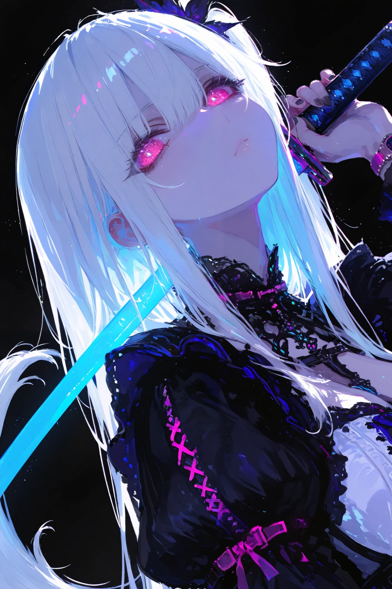 masterpiece, top quality, general ,Sluisap,Sakimistyle,XXX667 _illu,748cmstyle,dark gothic, great quality, CHARACTER FOCUS , minimalist, side angle, upper body, Princess cut, Long horse tail , Cybernetic , has katana, pose , DYNAMIC ANGLE, face focus, Watch viewers, backlight, one side light ,round background , with Blue Neon Lights , black background