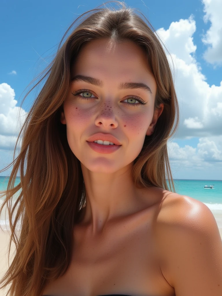 une femme de 25 ans, rousse aux yeux verts, allongée dans le sable, avec un maillot de bain deux pièces, un paréo autour de la taille et des lunettes de soleil
