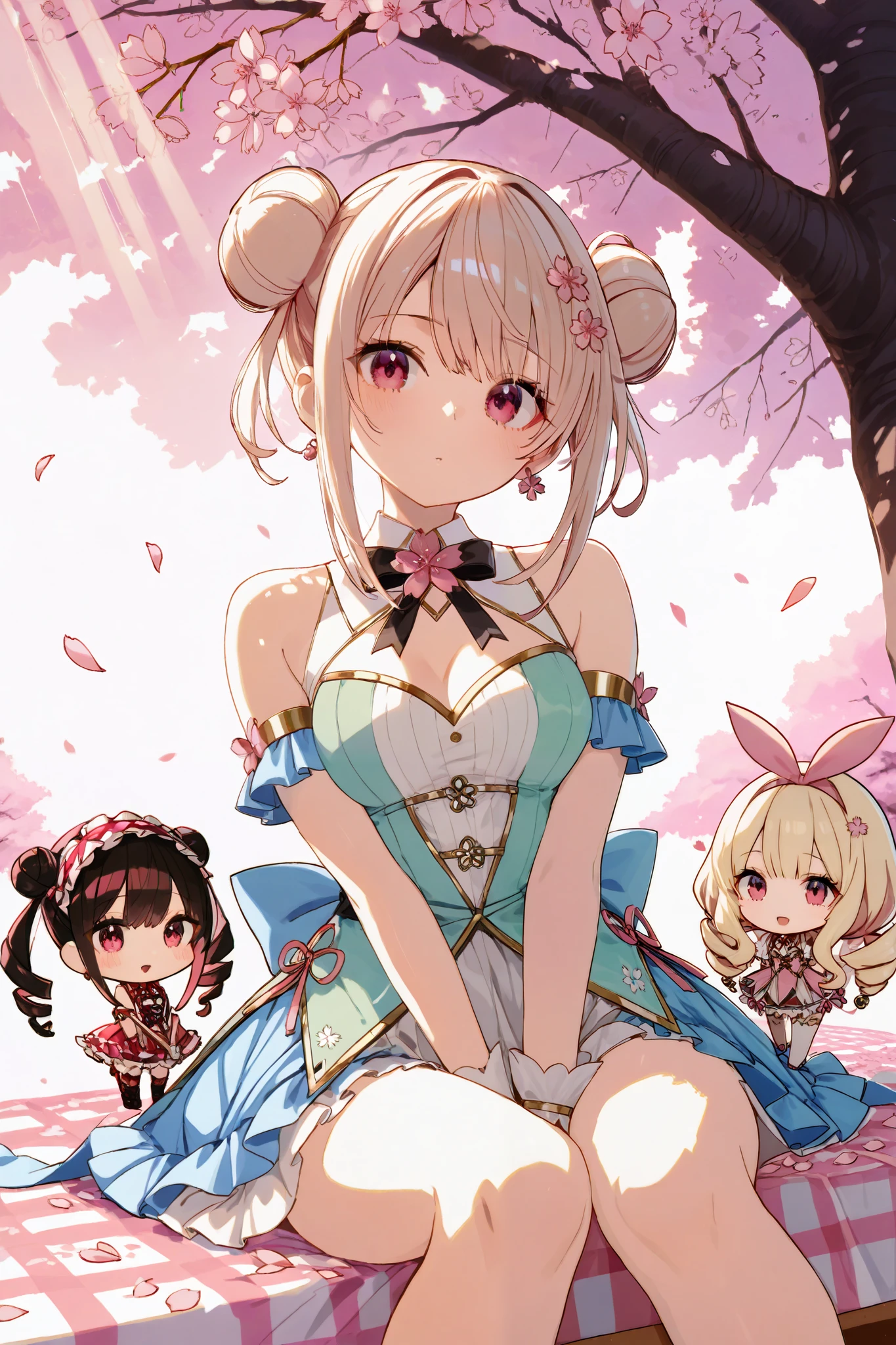 masterpiece, general ,Sluisap,Sakimistyle, top quality, super high resolution, chibi, Two Chibi style girls in elegant traditional costumes , One is blue 、 the other is red , under a cherry tree in full bloom、 they're sitting on a picnic sheet . sunlight penetrates through the petals , software , let's create a warm glow . they enjoy traditional sweets , One girl is holding out a piece of a bun to the other girl. it's a quiet and peaceful scene , Pink cherry blossom petals are gently fluttering down .
