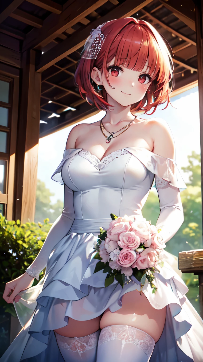 Delicate Composition, hyper detailed, best quality,
blurry foreground,
dynamic view, 1 girl, (seductive smile:0.6), solo, breasts, thighhighs, red hair, hair in takes,
beautiful detailed garden, fluttered detailed petal, grow,