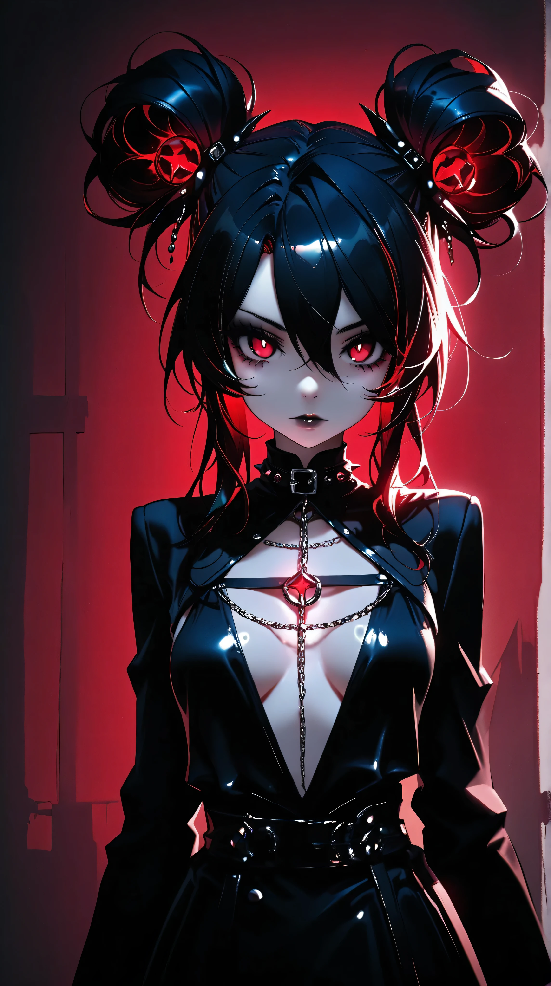 Kizi,Highly detailed, Amazing work,Vitreous luster,((clean backdrop)),In black,red colors,white color,Best quality at best,clean backdrop, shiny skin, goth, plunging neckline, hairbuns,
