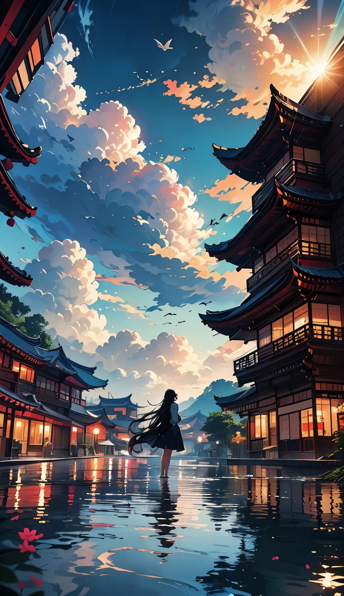 SFW, 1girl, solo focus, pov, very wide shot, landscape, east asian architecture, sunlight, sunrise, floating, cloud, sky, rain, water, full body, outdoors, scenery, depth of field, thicc coxas, sensual, long hair, hair movement, full body