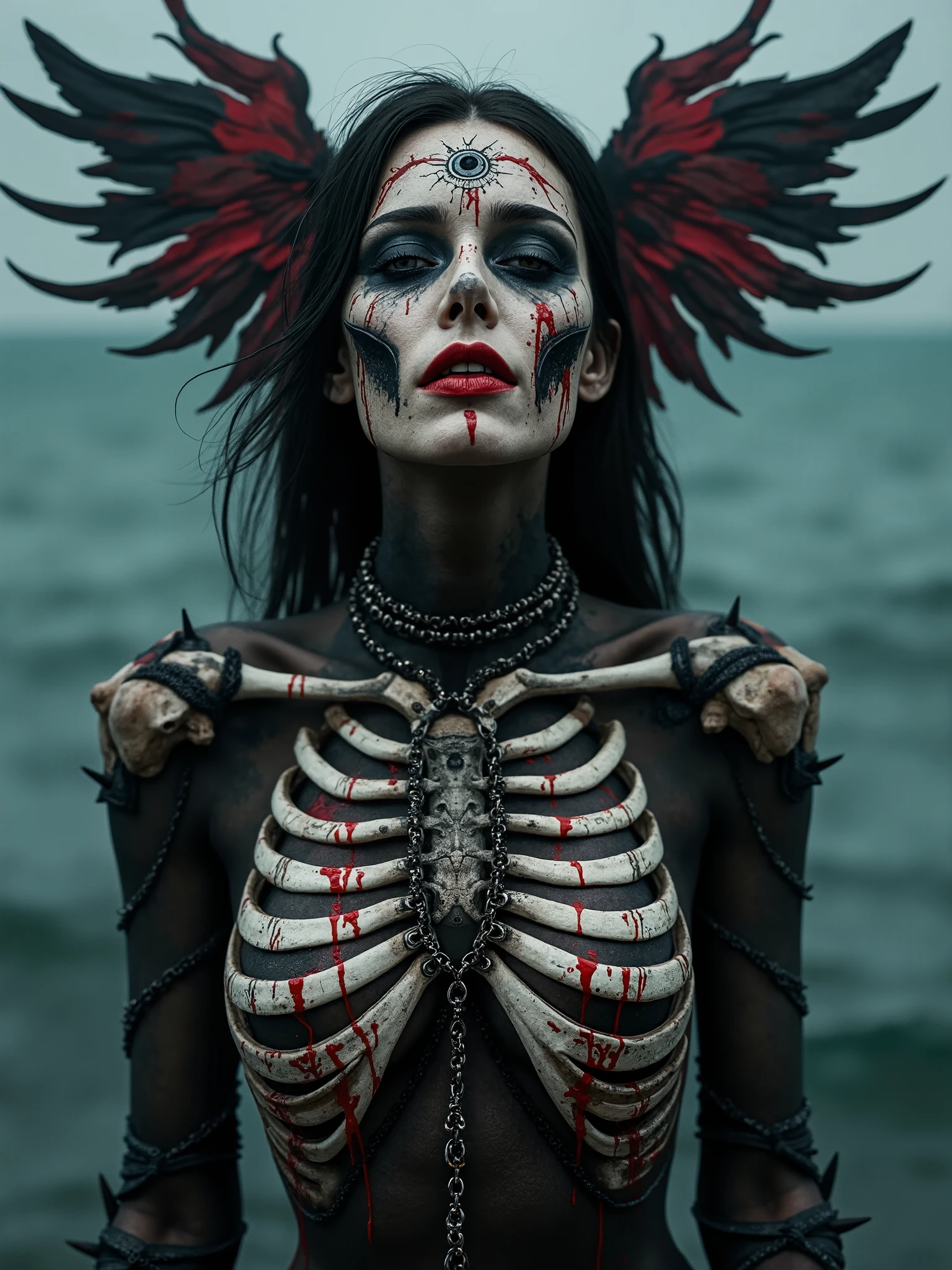 Beautiful Female necromancer,chain dress endoskeleton with bones rising from the ocean,with eye of Providence in the middle of her forehead, mental wings growing from the sides of the head,exposed bones on her face and chest,spilled with red and black goo,dark makeup,dark surrealism,dark realistic photography, dark occult art,melancholic dark art, surreal dark art,realistic look,bone and metal chains armour, with spikes on the wrists,cosmic background,flame aura power,nude dark art,death and darkness,black goo everywhere, most beautiful face, serene and heartbroken, razor sharp teeth and open mouth,dark succubus