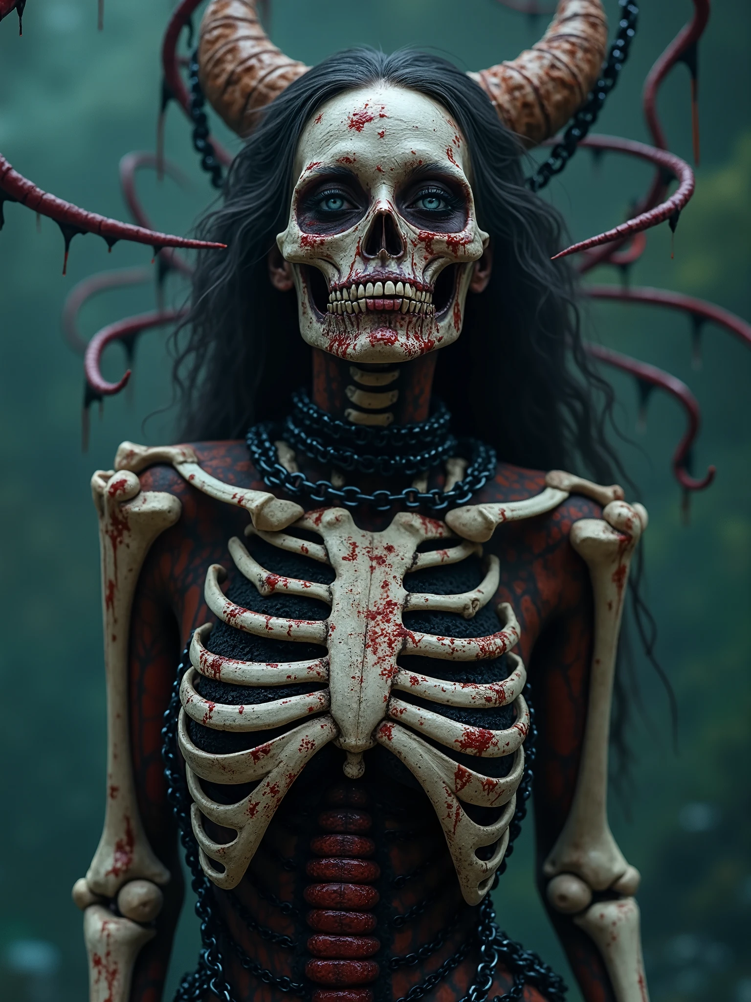 Beautiful Female necromancer,chain dress endoskeleton with bones rising from the ocean,exposed bones on her face and chest,spilled with red and black goo,dark makeup,dark surrealism,dark realistic photography, dark occult art,melancholic dark art, surreal dark art,realistic look,bone and metal chains armour, with spikes on the wrists,cosmic background,flame aura power,nude dark art,death and darkness,black goo everywhere, most beautiful face, serene and heartbroken, razor sharp teeth Lovecraftian octopus realistic tentacles growing from her back in all directions