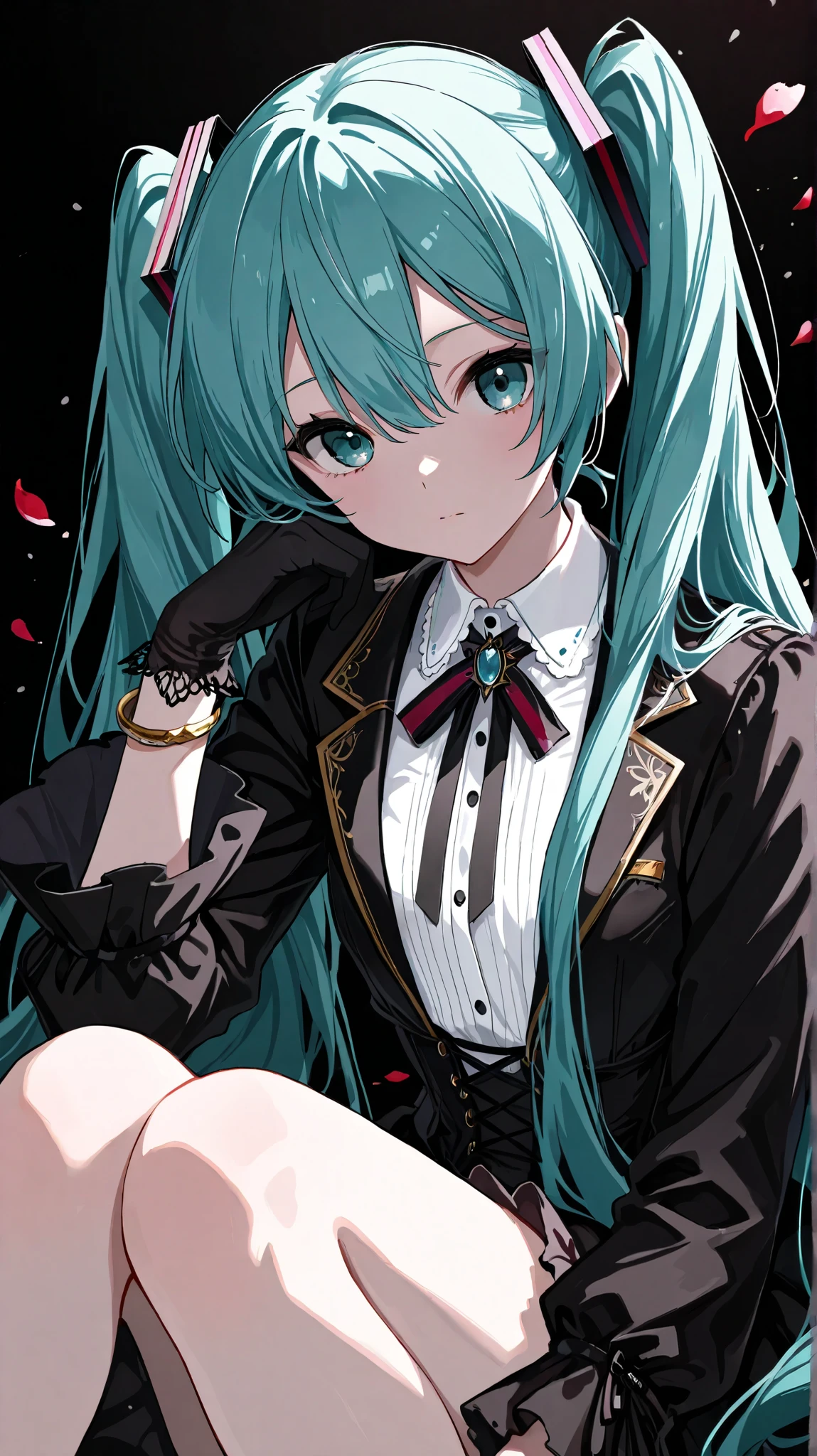1 girl, Hatsune Miku, general ,Sluisap,Sakimistyle,748cmstyle,dark gothic, vocaloid, gloves for legs only, petals, Alone, length_hair, chest, black_ gloves for legs only, hair_ between_eye, , accurately _in_viewer, white_ shirt, shirt, 前hair, hand_up, upper_body, from_side, Eyebrow_visible_ through _hair, gradation _background, black_background, length_ sleeve, jacket, medium_chest, gradation , closed _mouth, bracelet
