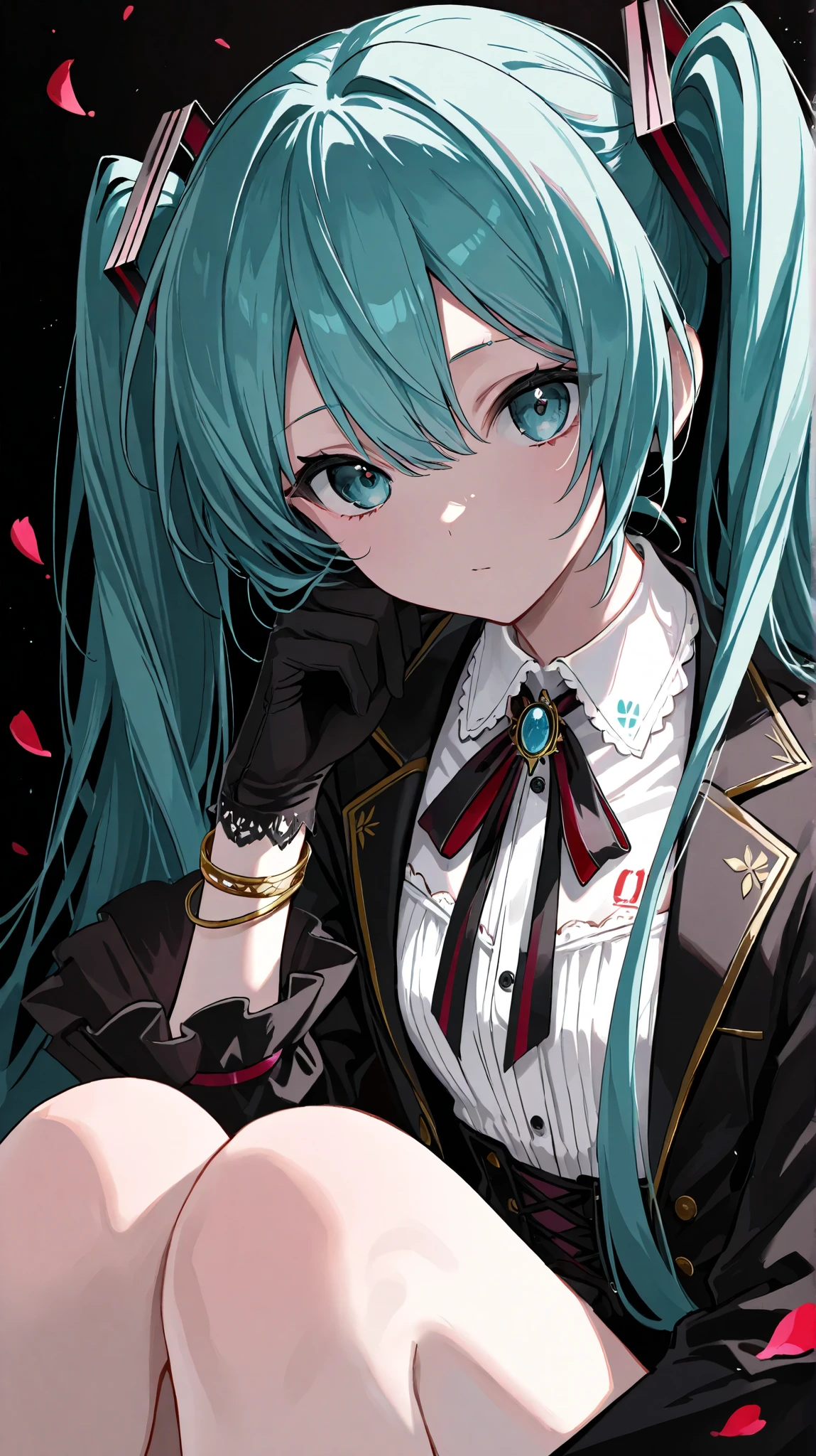 1 girl, Hatsune Miku, general ,Sluisap,Sakimistyle,748cmstyle,dark gothic, vocaloid, gloves for legs only, petals, Alone, length_hair, chest, black_ gloves for legs only, hair_ between_eye, , accurately _in_viewer, white_ shirt, shirt, 前hair, hand_up, upper_body, from_side, Eyebrow_visible_ through _hair, gradation _background, black_background, length_ sleeve, jacket, medium_chest, gradation , closed _mouth, bracelet