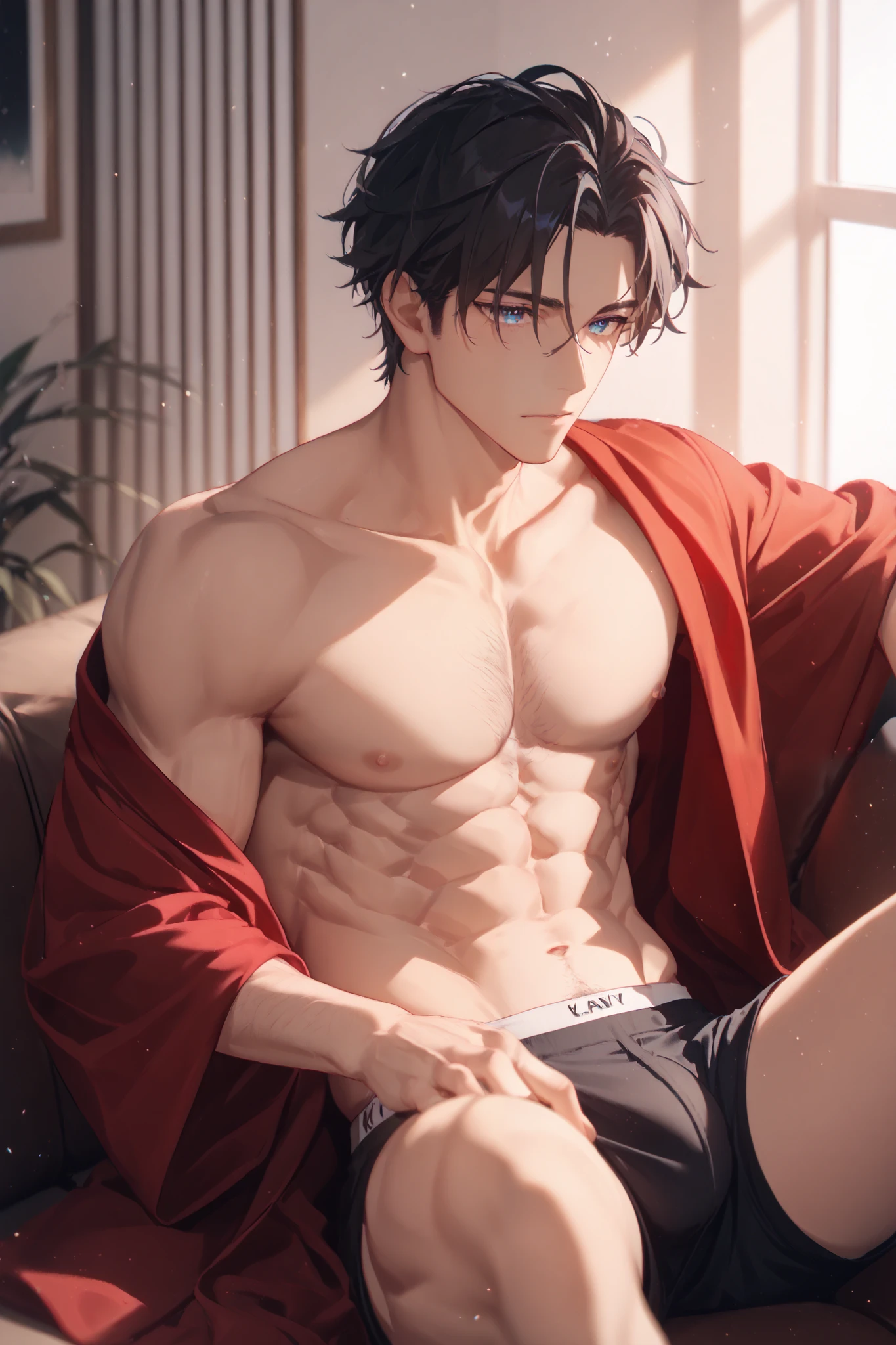 The character is shirtless, showcasing defined abs and a well-toned physique. They are wearing a black blindfold over their eyes. The background features a dimly lit room with warm, ambient lighting, and there is a candle or light source casting a soft glow. The character appears to be sitting or leaning on a red, ornately patterned blanket or fabric.