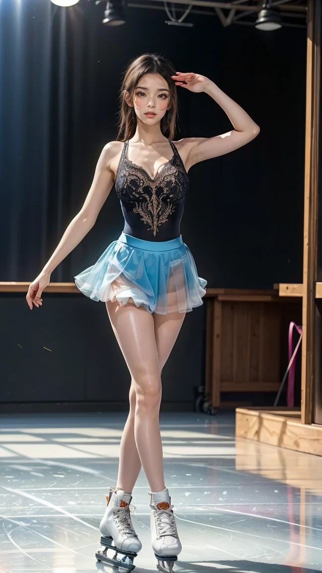 Ballerina, A (pretty young woman:1.1) with sleek, pulled-back brown hair, captivating blue eyes, pale skin, slim and graceful, wearing a fitted (ballet leotard:1.2) with a soft, flowy skirt, ballet slippers, (tutu:1.1). She dances in a grand ballet studio, with mirrored walls, wooden barres, a smooth dance floor, and a grand piano playing soft music.