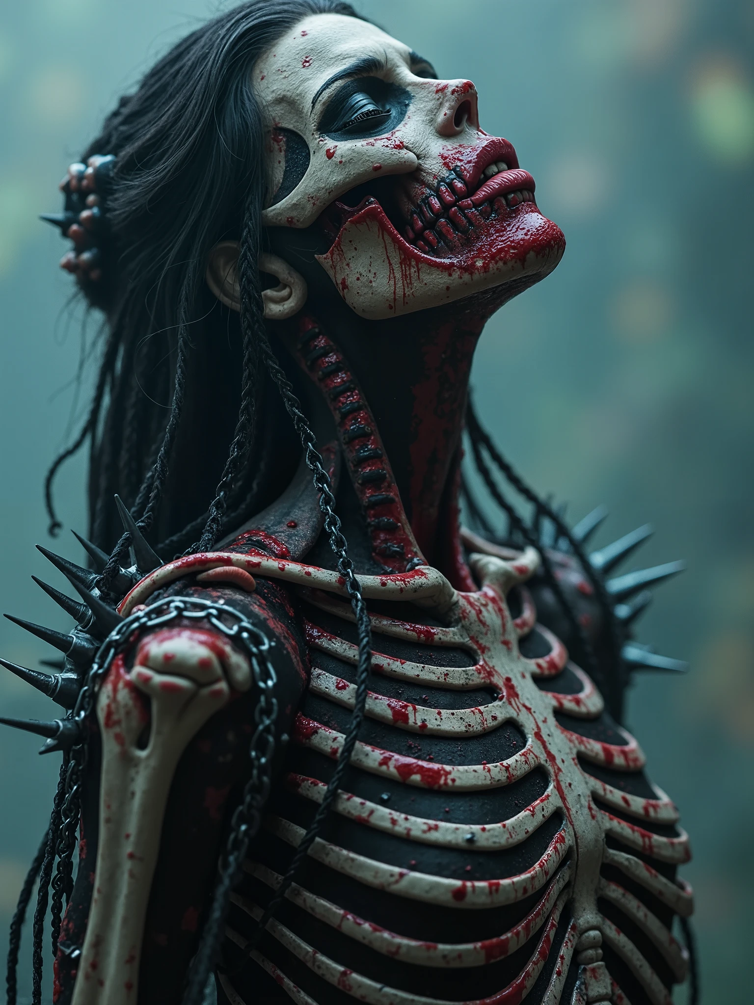 Beautiful Female necromancer,chain dress endoskeleton with bones rising from the ocean,exposed bones on her face and chest,spilled with red and black goo,dark makeup,dark surrealism,dark realistic photography, dark occult art,melancholic dark art, surreal dark art,realistic look,bone and metal chains armour, with spikes on the wrists,cosmic background,flame aura power,nude dark art,death and darkness,black goo everywhere, most beautiful face, serene and heartbroken, razor sharp teeth Lovecraftian octopus realistic tentacles growing from her back in all directions