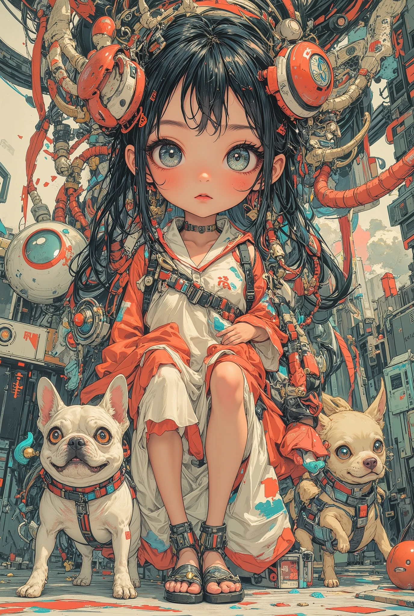 (High Definition, masterpiece, Accurate, top quality, High Definition model, high detail, (((The textures are soft))), ((matte and toy-like with a handmade premium look)), (((Tim Burton style))), Girl walking with her French bulldog, best quality, (intricate details:1.1), beautiful detailed, beautiful hair, pupil details,solo, 1girl, japanese, blush, five fingers, ((Pupil details)), backlighting, ((five fingers)), big breasts, (((low-angle view))),