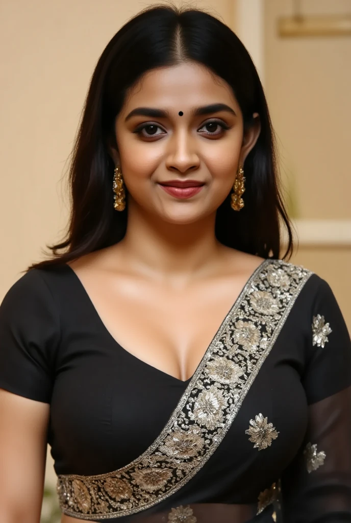 (best quality,ultra-detailed,realistic:1.37), South Indian Woman, black hair, extra detailed round face, full body slim figure, black saree, posing back with open back saree, beautiful eyes